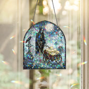 Skeleton Skull Cart Halloween Stained Glass Window Hanging | Gothic Graveyard Decor | Spooky Horror Fall Gift