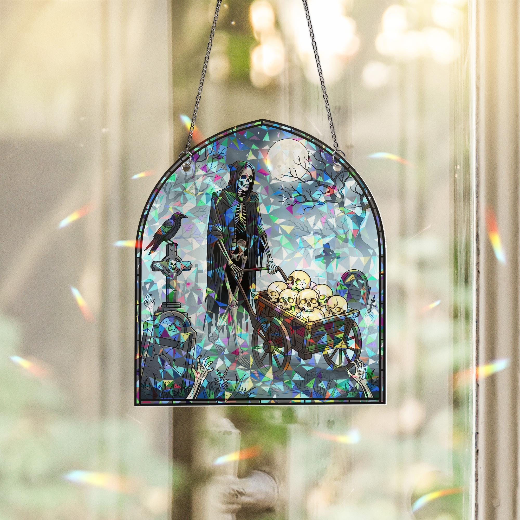 Skeleton Skull Cart Halloween Stained Glass Window Hanging | Gothic Graveyard Decor | Spooky Horror Fall Gift
