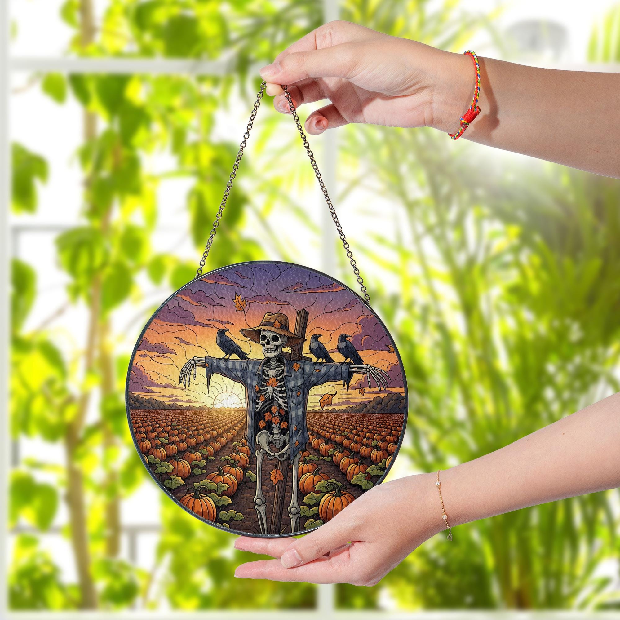 Skeleton Scarecrow Sun Catcher – Spooky Pumpkin Patch Halloween Decor, Gothic Fall Window Hanging