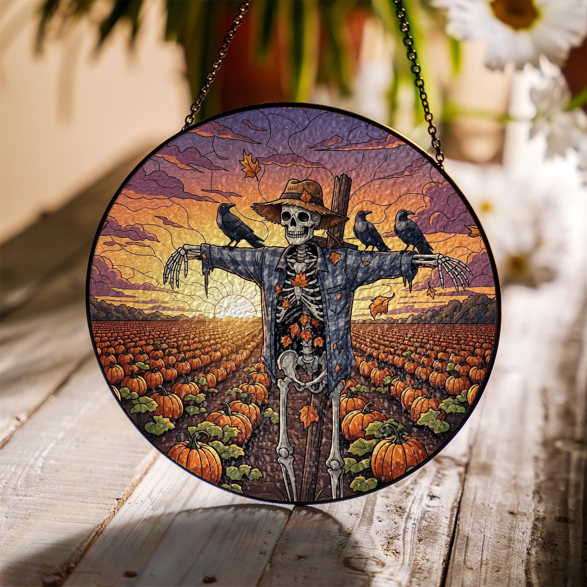 Skeleton Scarecrow Sun Catcher – Spooky Pumpkin Patch Halloween Decor, Gothic Fall Window Hanging
