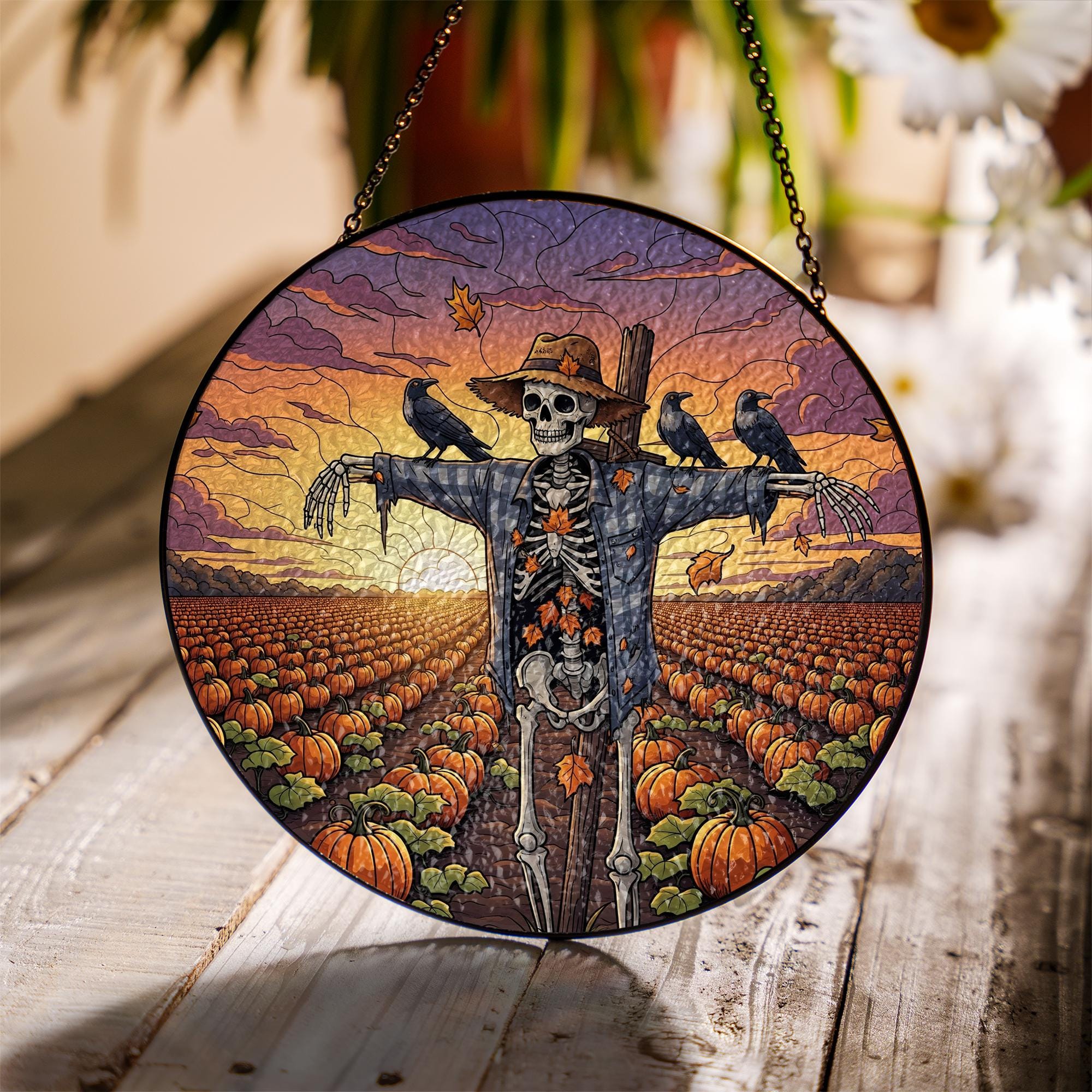 Skeleton Scarecrow Sun Catcher – Spooky Pumpkin Patch Halloween Decor, Gothic Fall Window Hanging