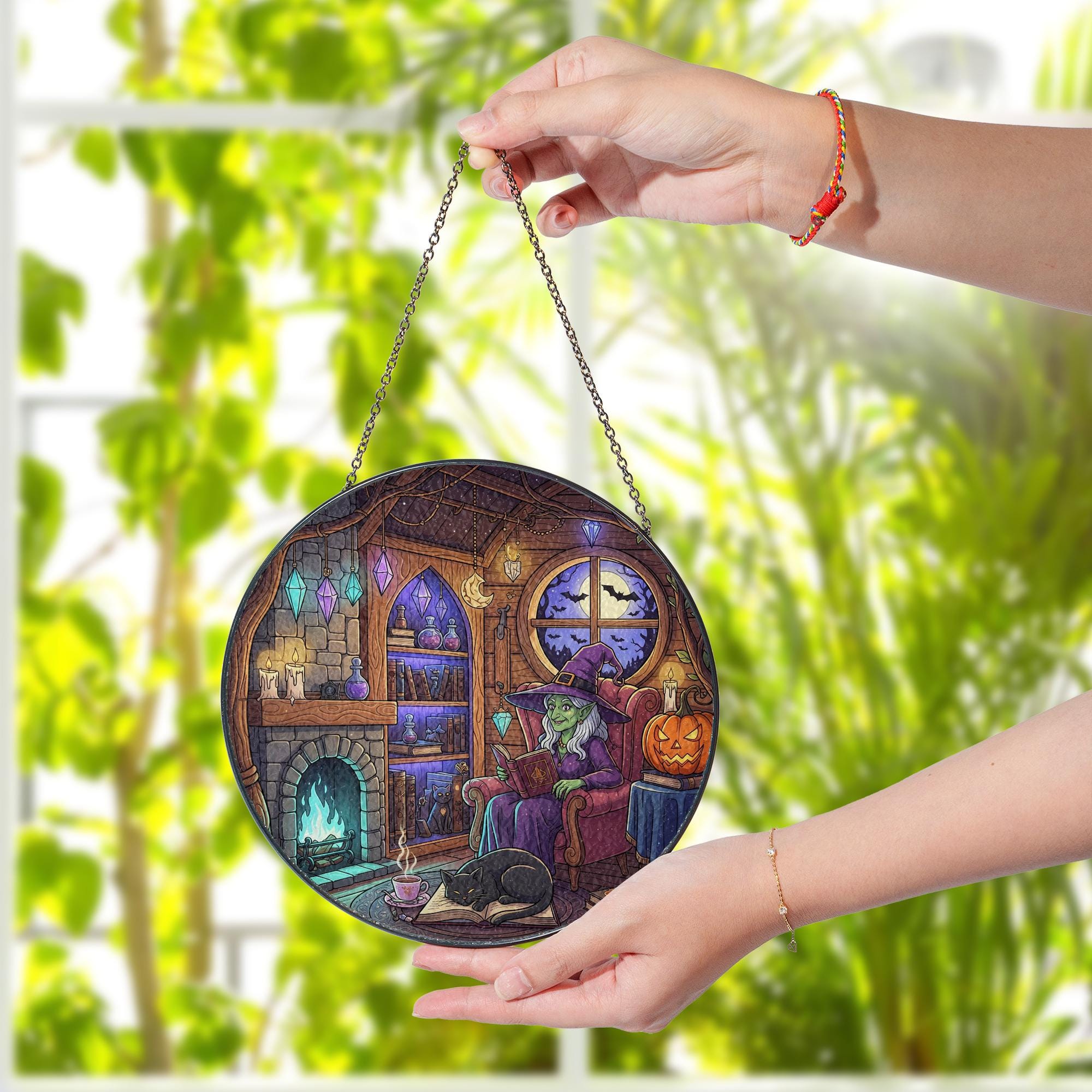 Cozy Witch Sun Catcher – Halloween Gothic Home Decor, Witch Room Window Art, Fall Witchy Gift