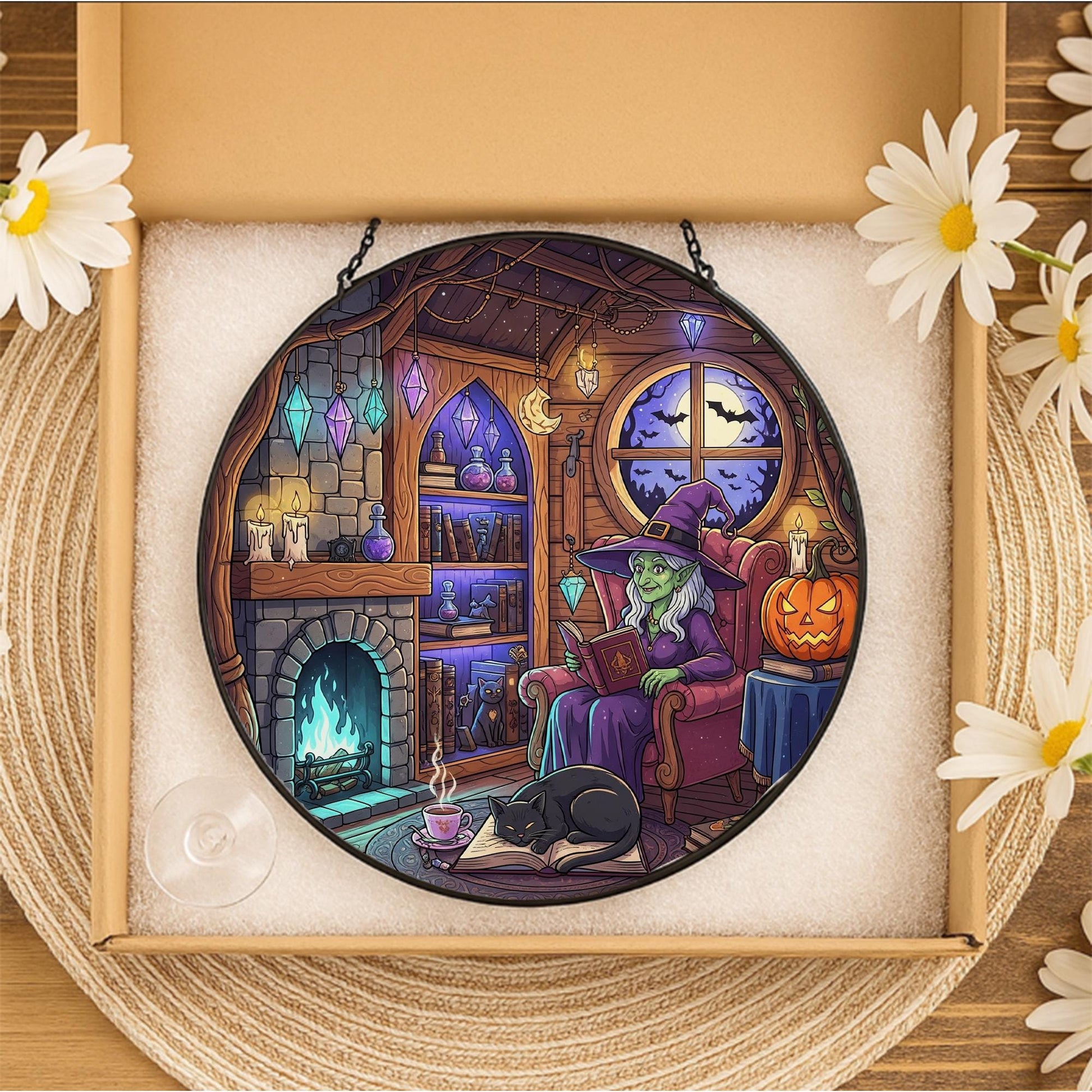 Cozy Witch Sun Catcher – Halloween Gothic Home Decor, Witch Room Window Art, Fall Witchy Gift