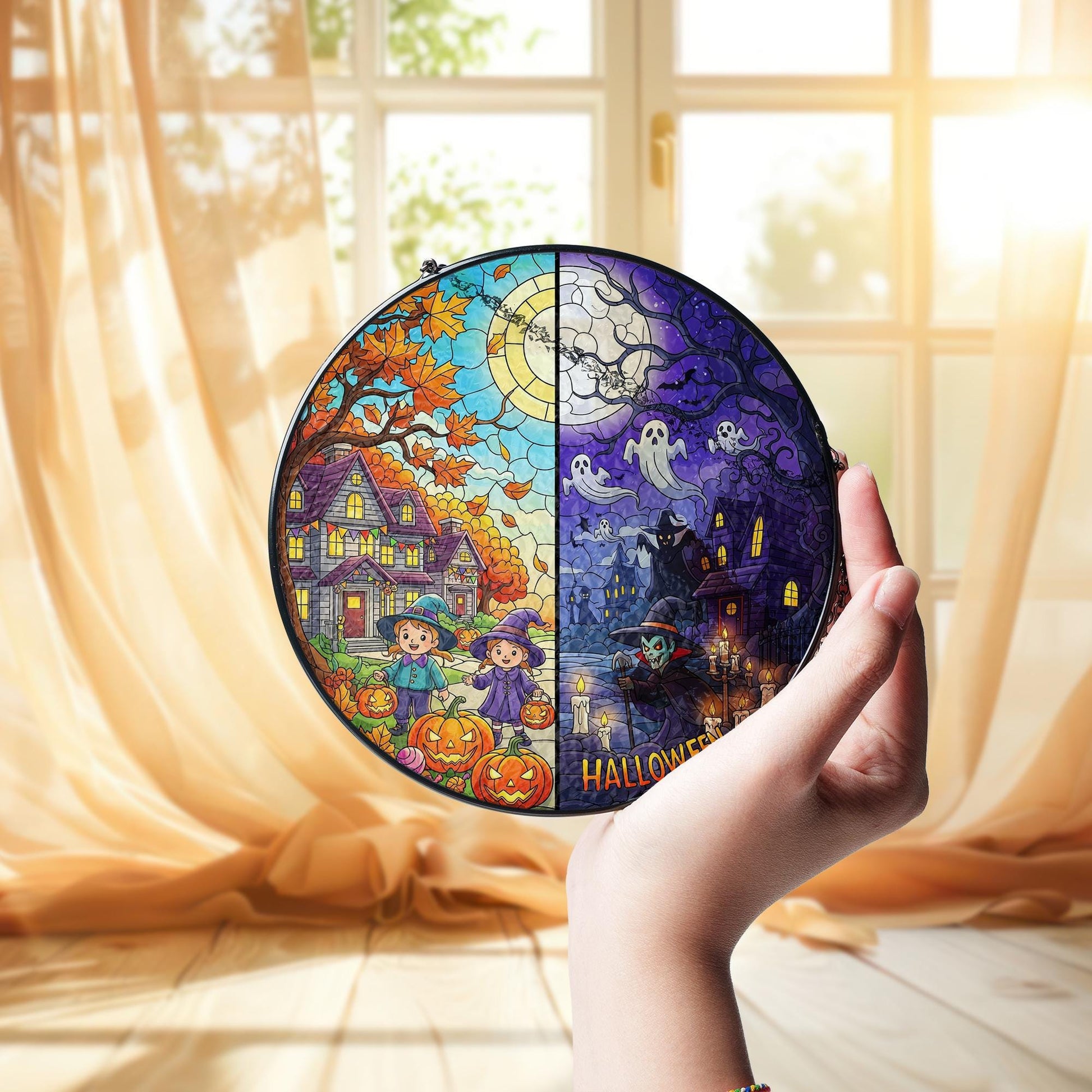Halloween Split Scene Sun Catcher – Cute & Spooky Fall Window Decor, Trick or Treat Kids Art
