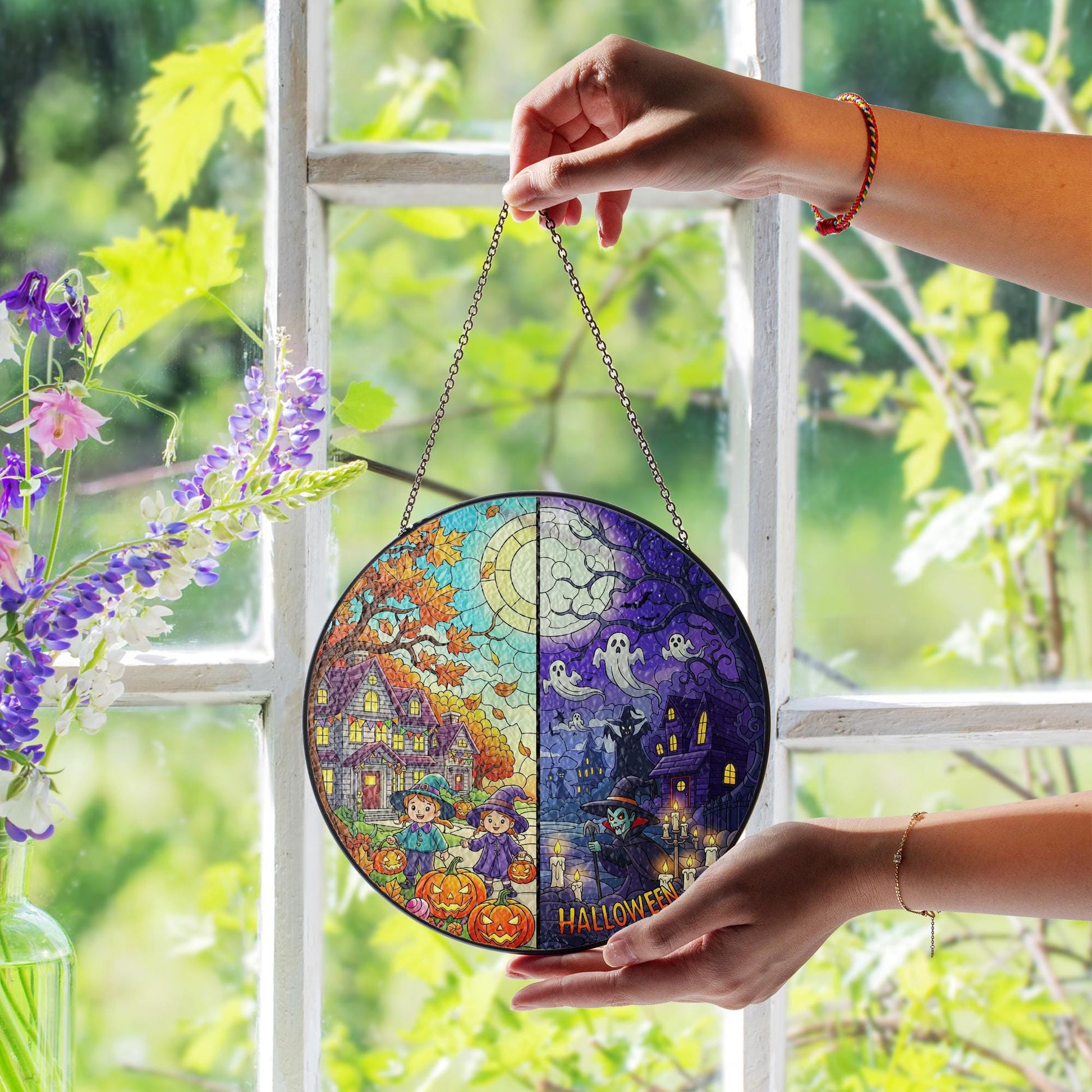 Halloween Split Scene Sun Catcher – Cute & Spooky Fall Window Decor, Trick or Treat Kids Art