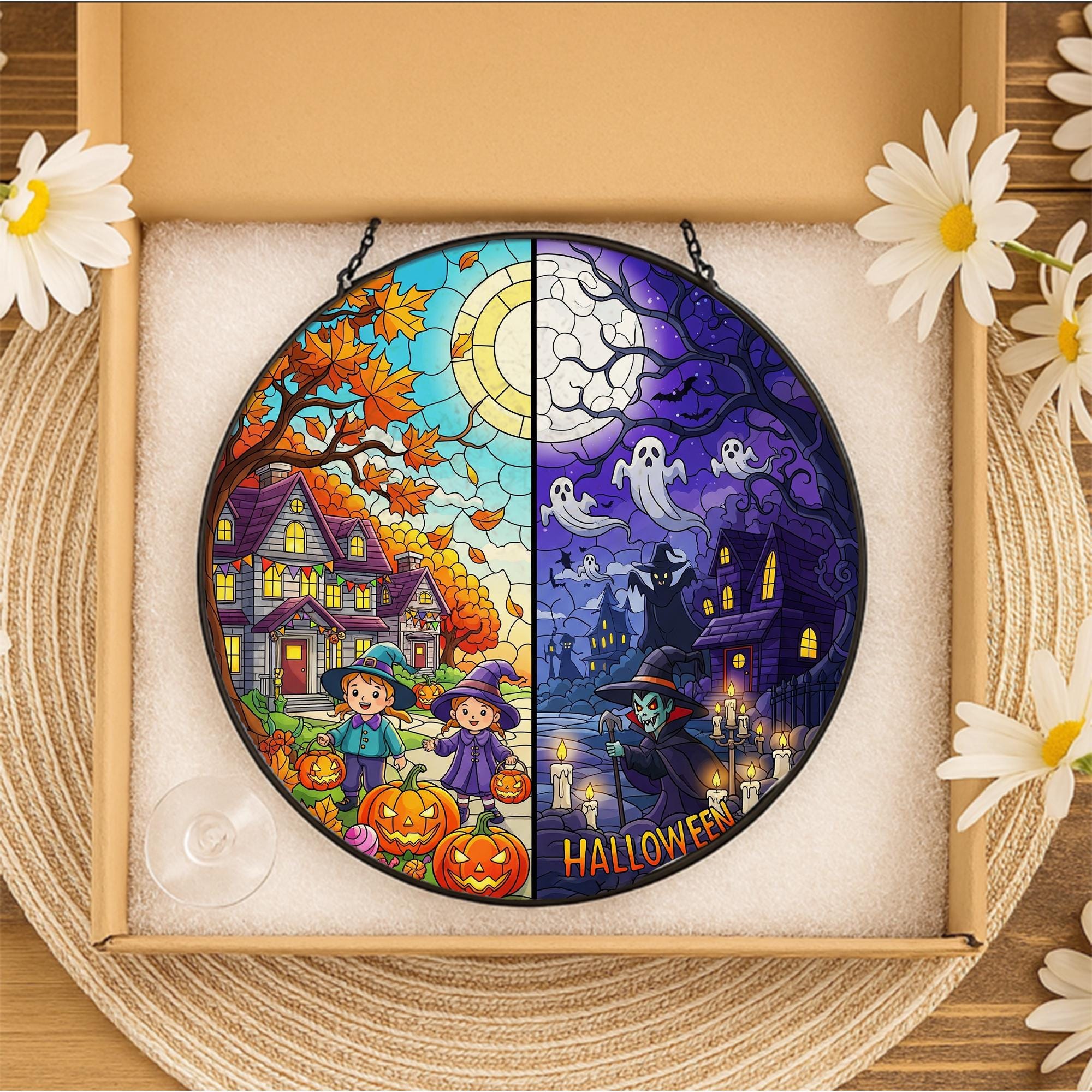 Halloween Split Scene Sun Catcher – Cute & Spooky Fall Window Decor, Trick or Treat Kids Art