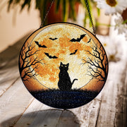 Halloween Stained Glass Cat Moon Suncatcher, Black Cat Decor, Spooky Bat Window Hanging, Gothic Home Decor Gift