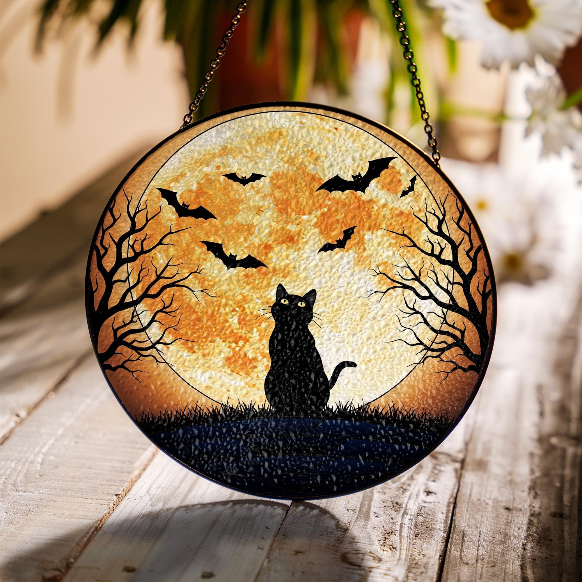 Halloween Stained Glass Cat Moon Suncatcher, Black Cat Decor, Spooky Bat Window Hanging, Gothic Home Decor Gift