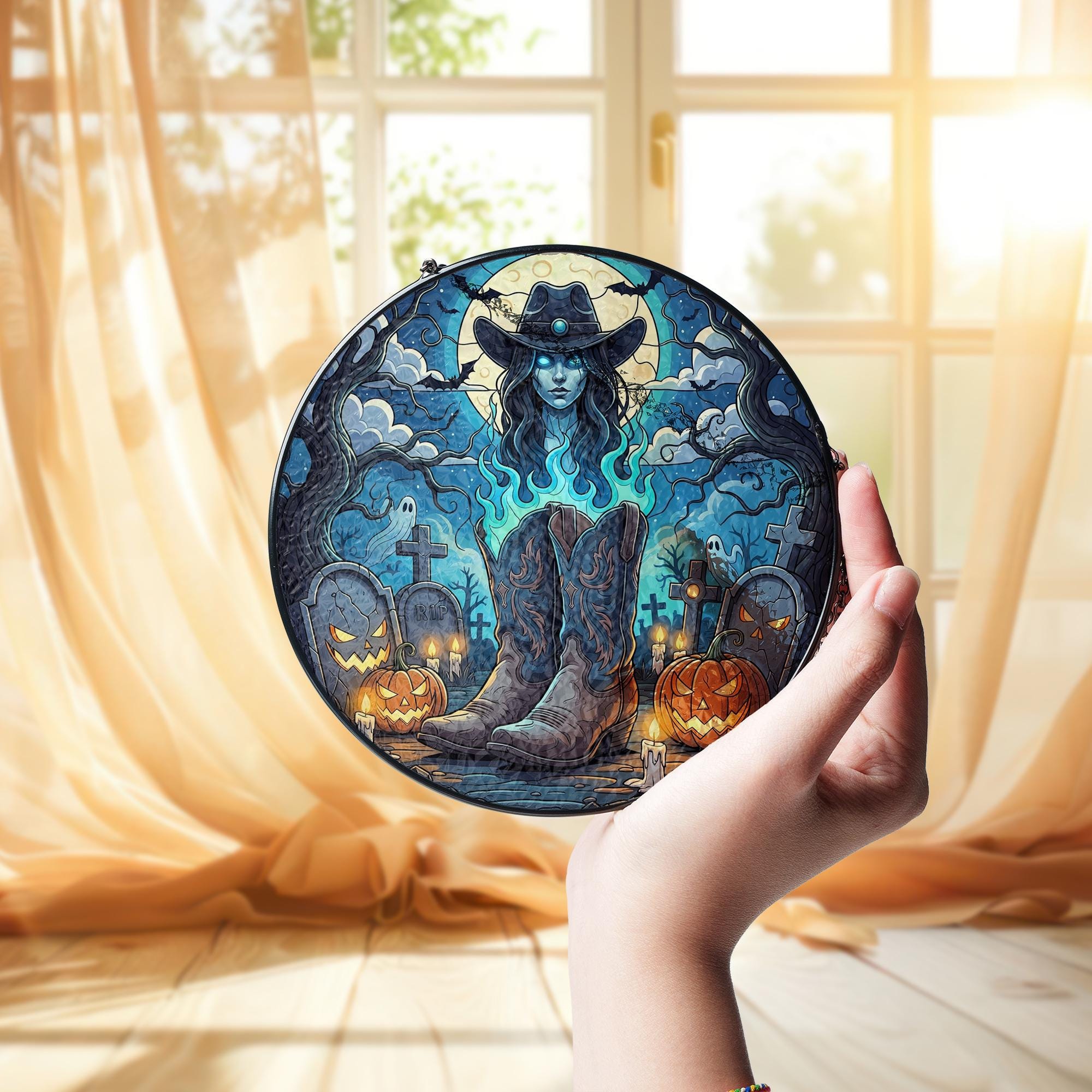 Ghost Cowgirl Sun Catcher – Spooky Western Halloween Window Decor, Gothic Graveyard Art