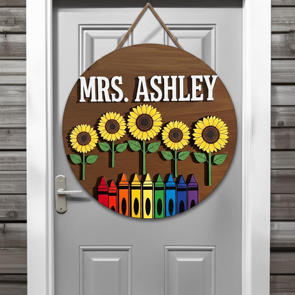 Personalized Teacher Sunflower, Sign, 2 Layer Wooden Door Hanger, Custom Classroom Decor, Back to School Gift, Round Teacher Name Sign
