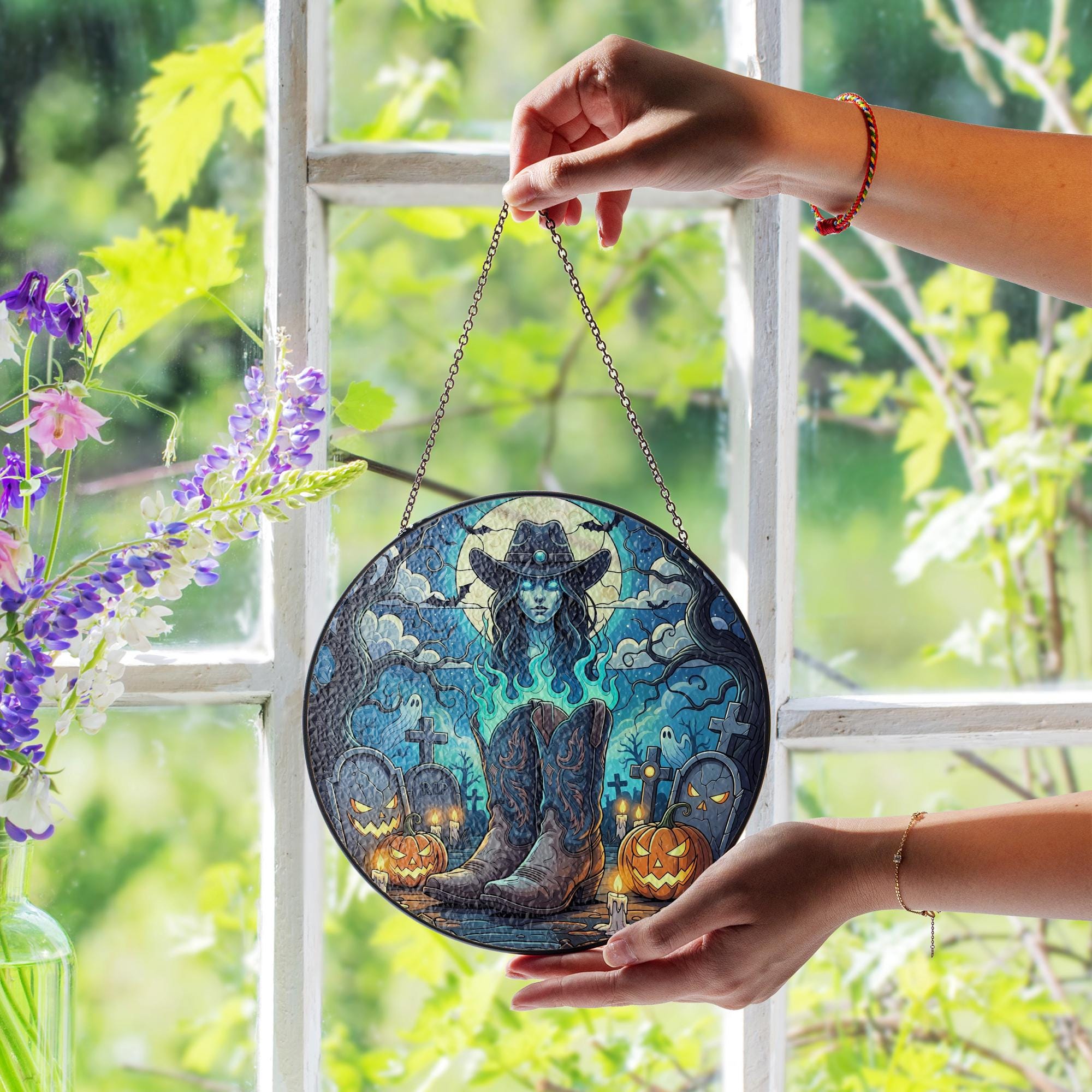 Ghost Cowgirl Sun Catcher – Spooky Western Halloween Window Decor, Gothic Graveyard Art