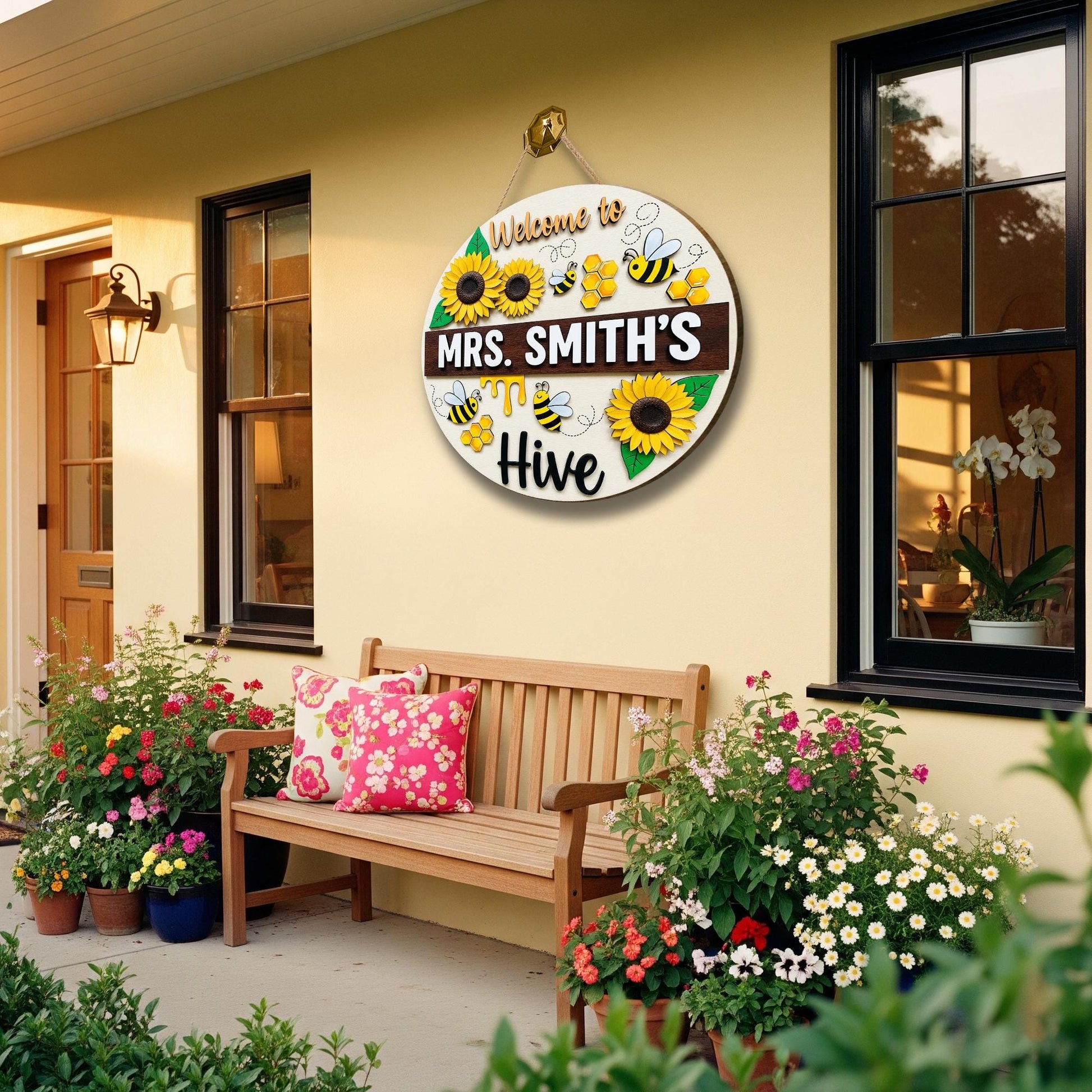 Welcome to Teacher Hive 2 Layer Wooden Sign – Personalized Bee Classroom Door Decor – Sunflower Teacher Wall Hanger – Back to School Gift