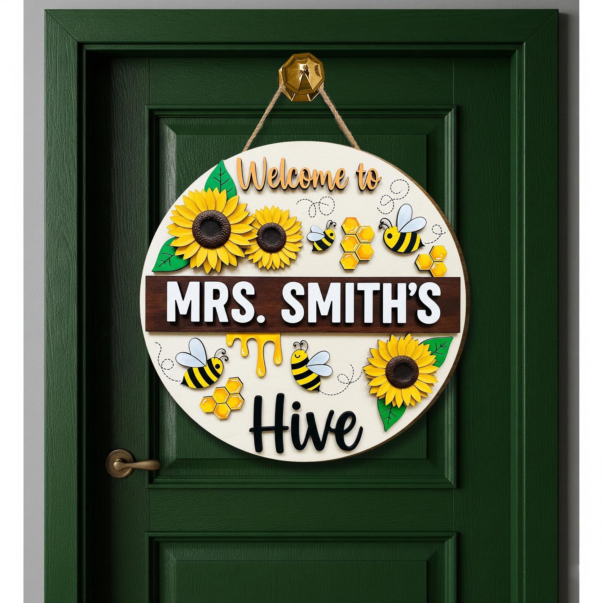 Welcome to Teacher Hive 2 Layer Wooden Sign – Personalized Bee Classroom Door Decor – Sunflower Teacher Wall Hanger – Back to School Gift
