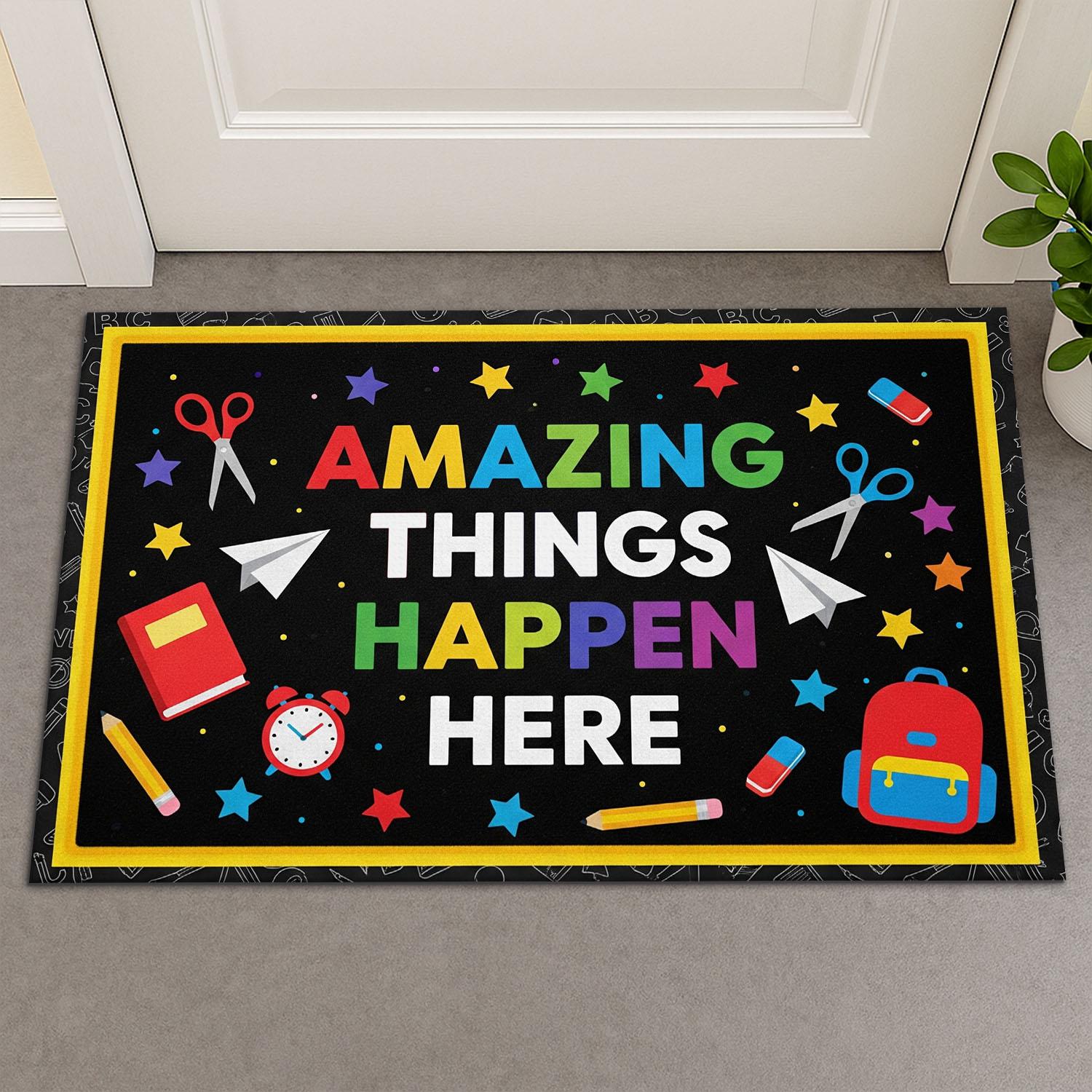 Colorful Classroom Doormat - “Amazing Things Happen Here” Rug for Teachers, Back to School Decor, Welcome Mat for School Entrance