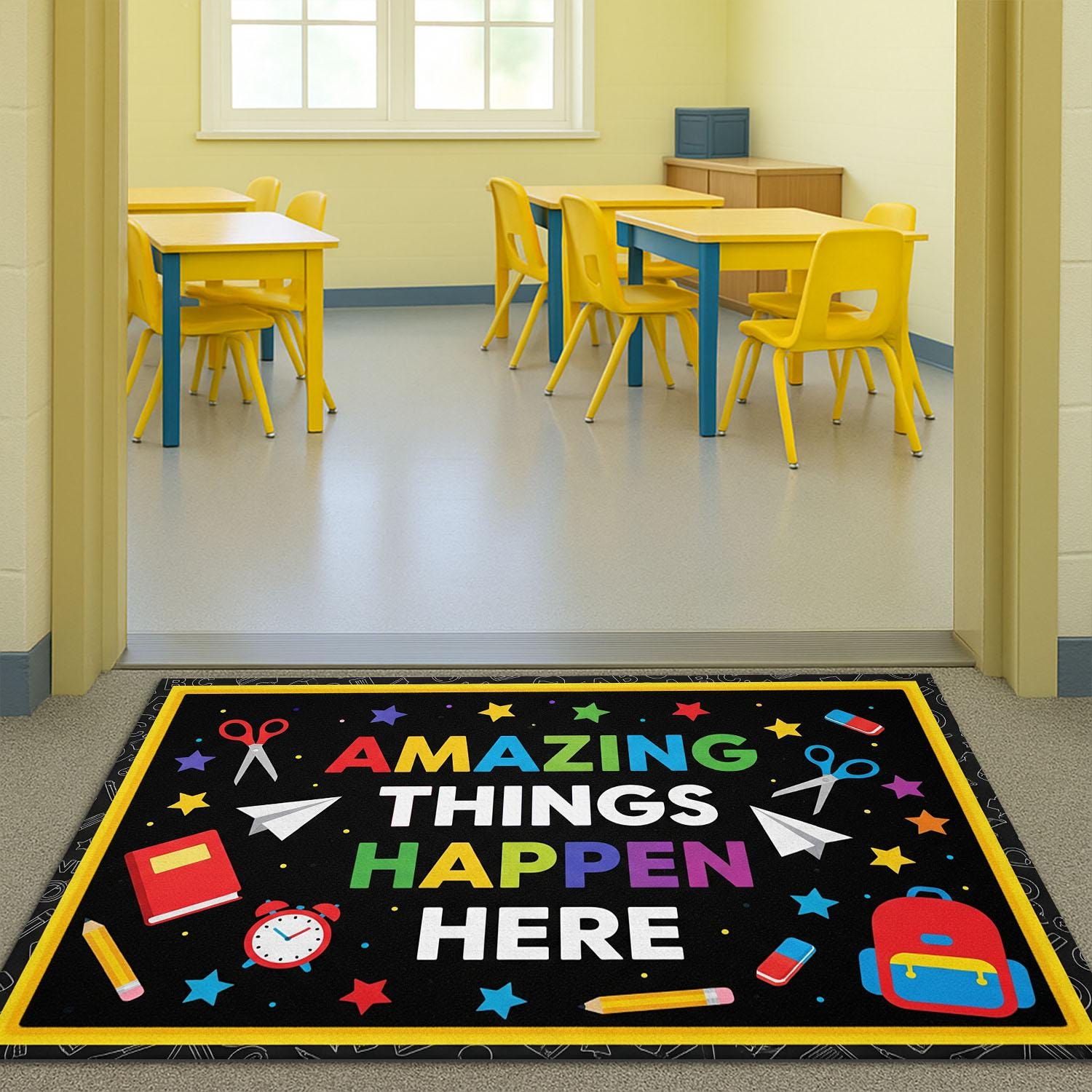 Colorful Classroom Doormat - “Amazing Things Happen Here” Rug for Teachers, Back to School Decor, Welcome Mat for School Entrance
