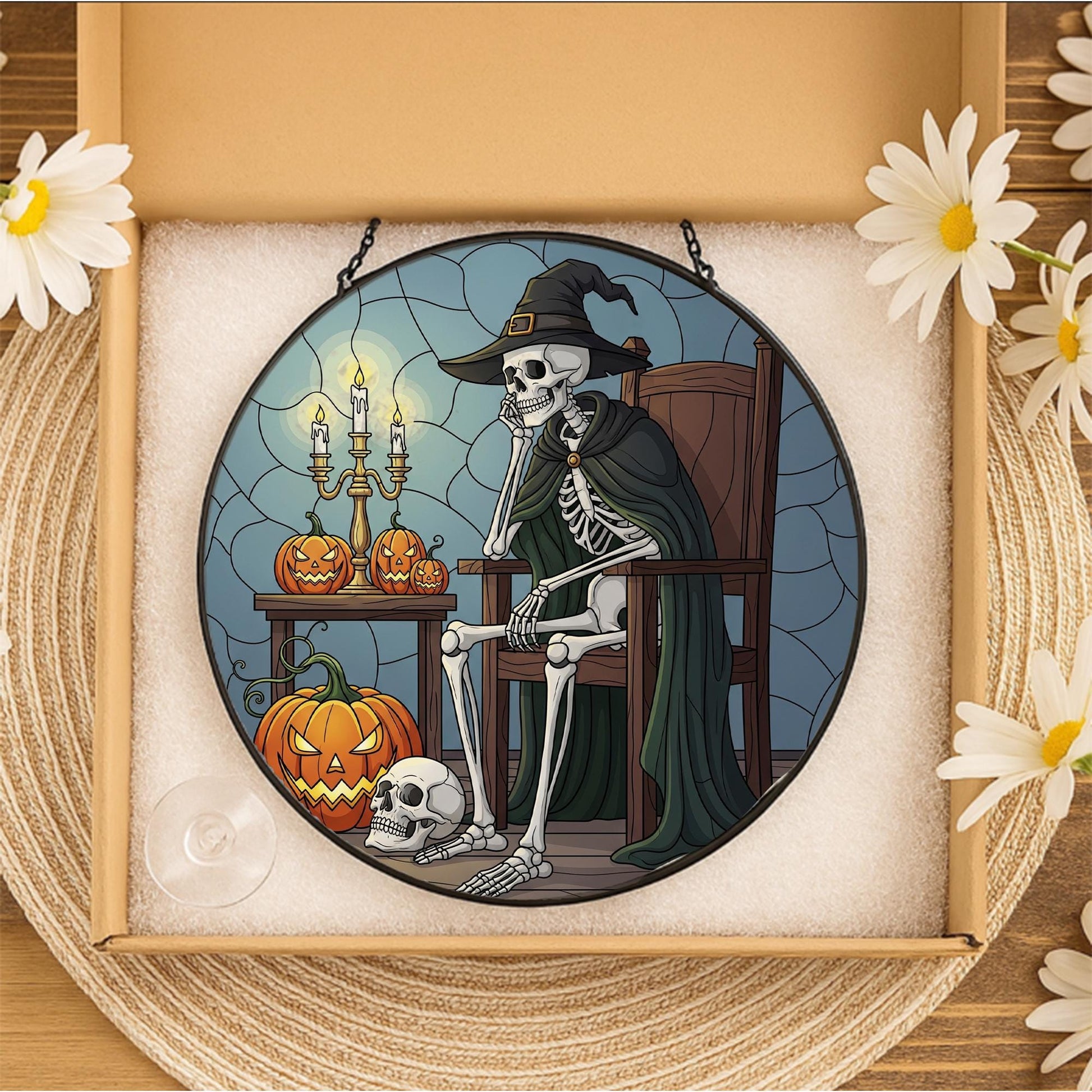 Halloween Stained Glass Skeleton Suncatcher, Witch Skeleton Decor, Spooky Pumpkin Window Art, Gothic Home Decor Gift