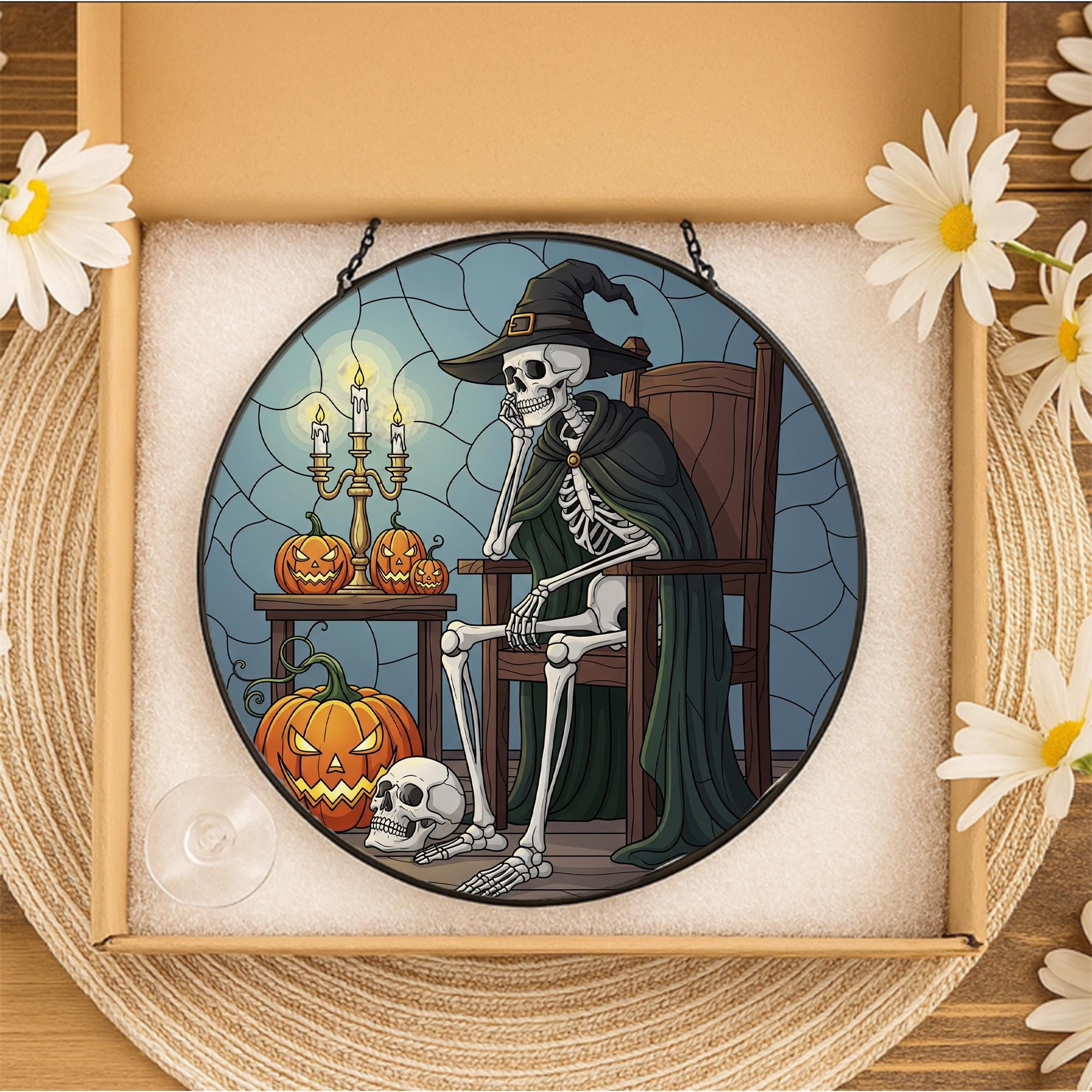 Halloween Stained Glass Skeleton Suncatcher, Witch Skeleton Decor, Spooky Pumpkin Window Art, Gothic Home Decor Gift