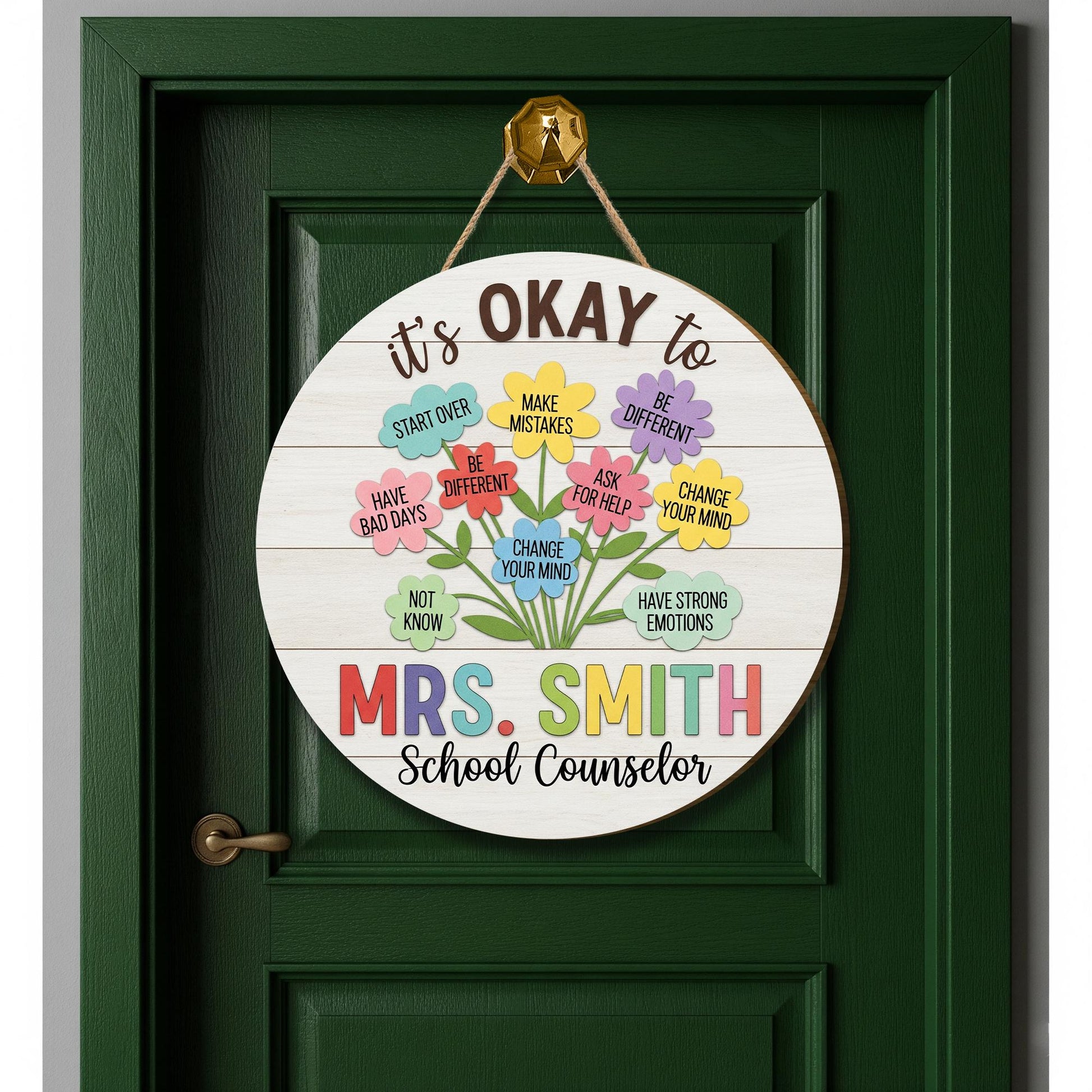 It’s Okay to Sign for School Counselor – Personalized Office Door 2 Layer Wooden Decor, Mental Health Awareness Gift, Flower Quote Wall Sign