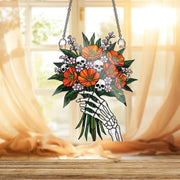 Stained Glass Skeleton Hand Bouquet Suncatcher, Gothic Floral Window Decor, Macabre Skull Flower Art, Unique Dark Gift