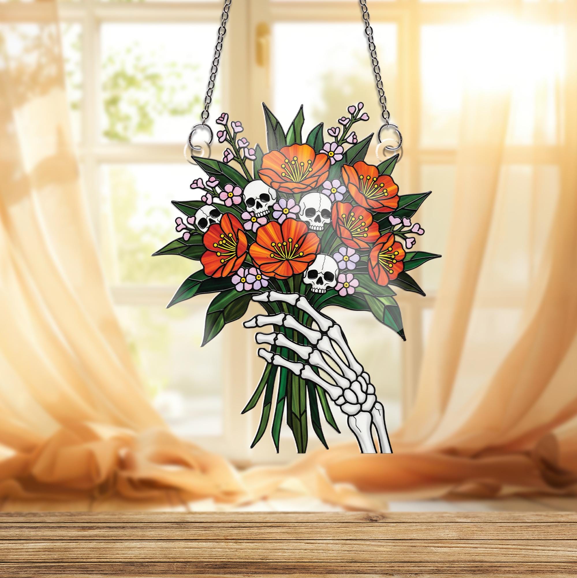 Stained Glass Skeleton Hand Bouquet Suncatcher, Gothic Floral Window Decor, Macabre Skull Flower Art, Unique Dark Gift