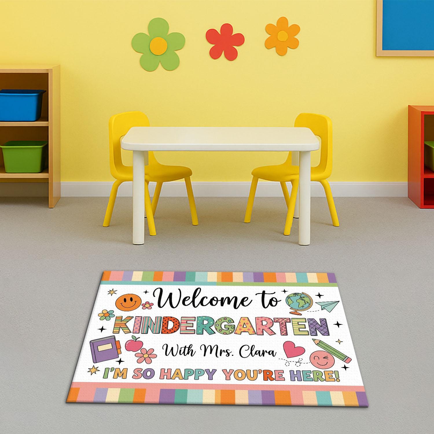 Welcome to Kindergarten Doormat - Personalized Classroom Rug with Teacher Name, Cute Back to School Mat for Kids, Colorful Entry Decor