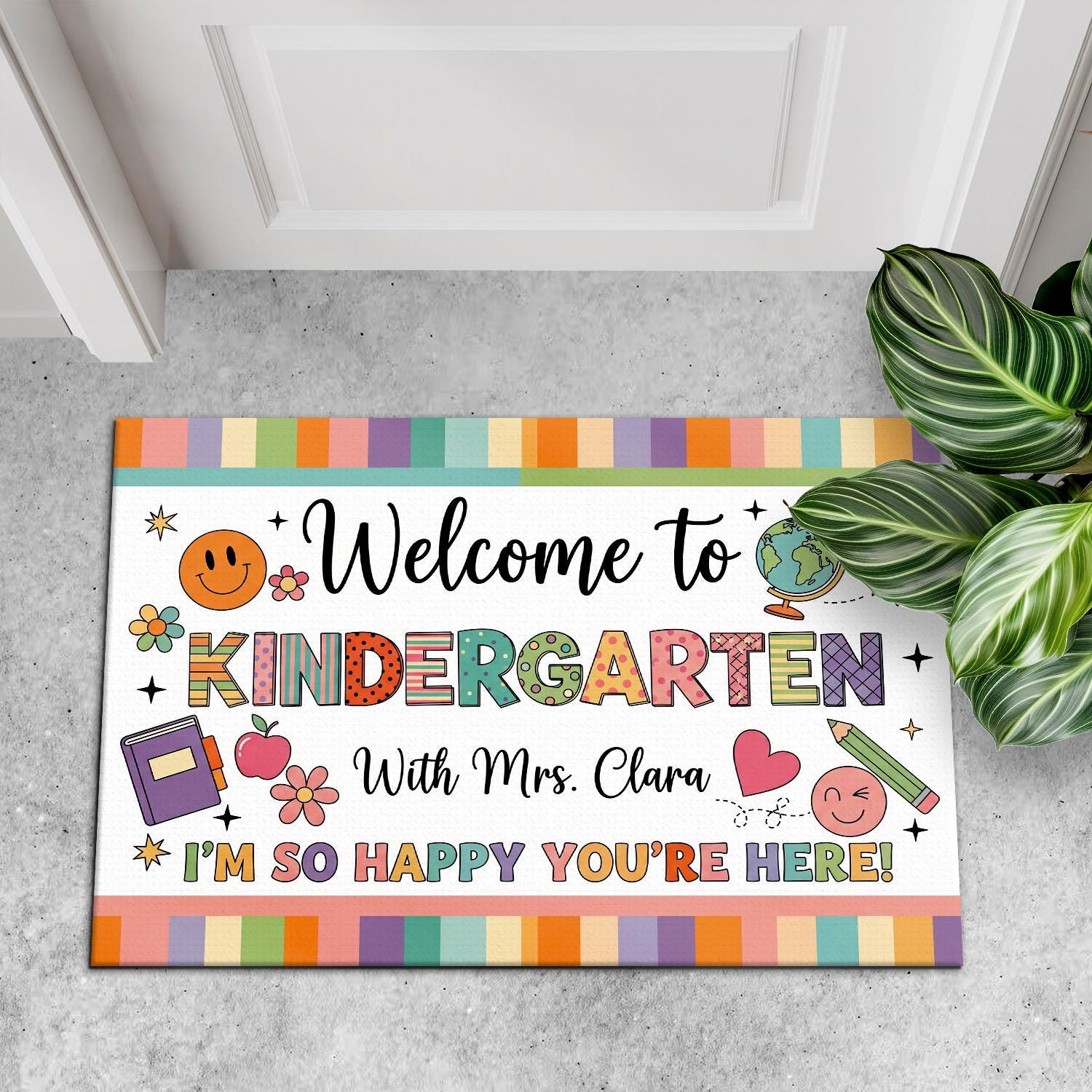 Welcome to Kindergarten Doormat - Personalized Classroom Rug with Teacher Name, Cute Back to School Mat for Kids, Colorful Entry Decor