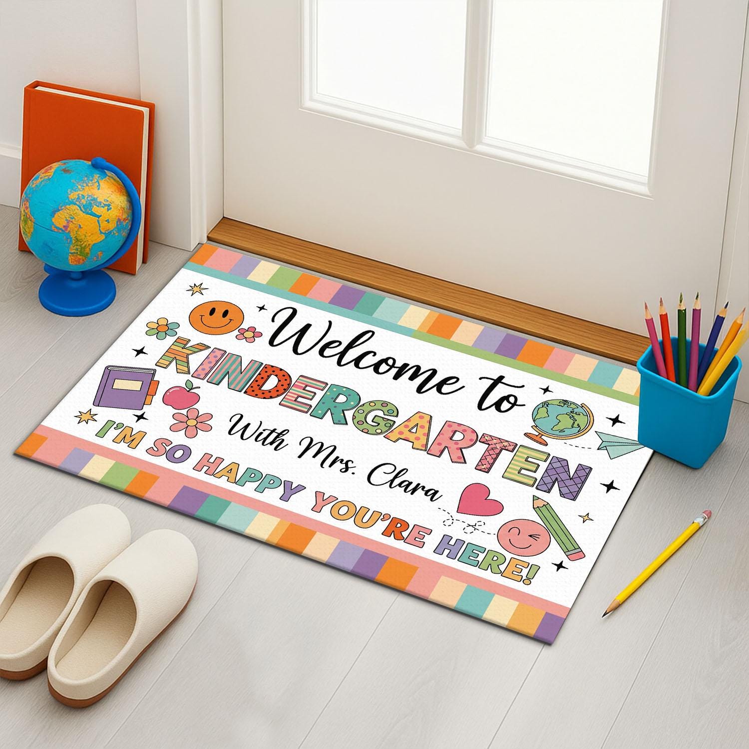 Welcome to Kindergarten Doormat - Personalized Classroom Rug with Teacher Name, Cute Back to School Mat for Kids, Colorful Entry Decor
