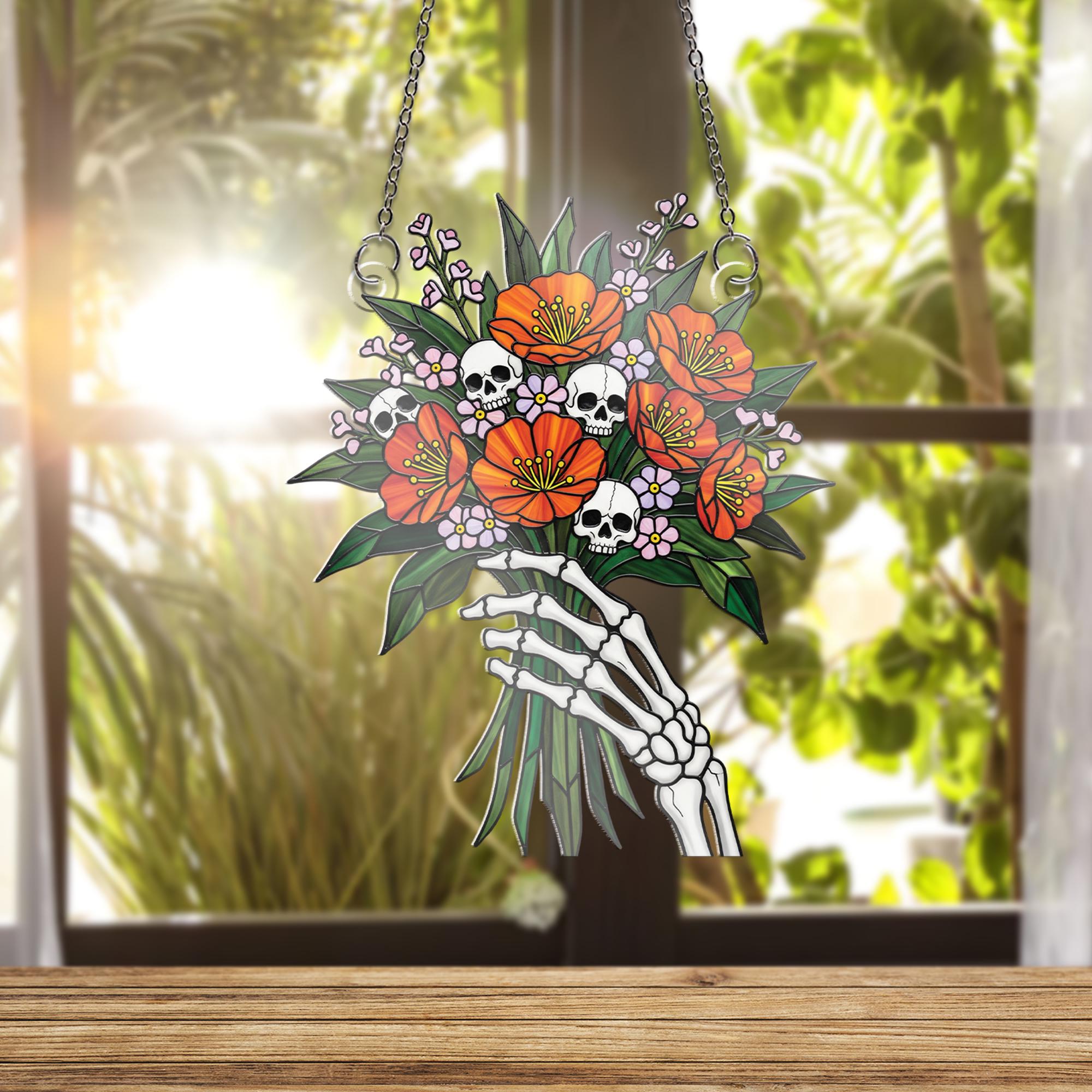 Stained Glass Skeleton Hand Bouquet Suncatcher, Gothic Floral Window Decor, Macabre Skull Flower Art, Unique Dark Gift