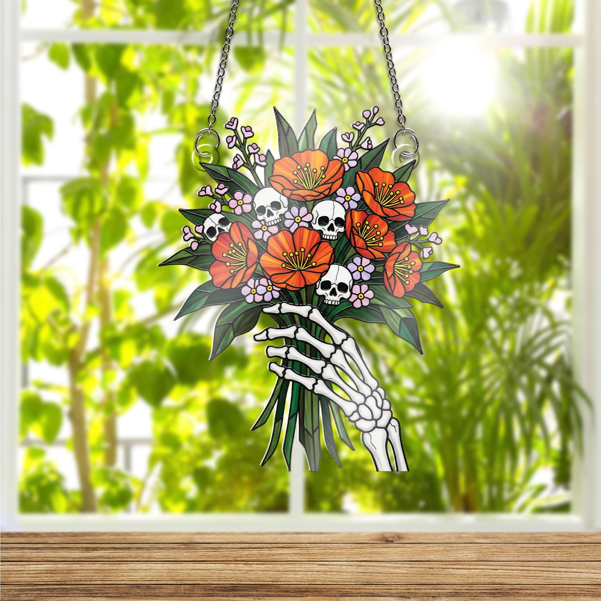 Stained Glass Skeleton Hand Bouquet Suncatcher, Gothic Floral Window Decor, Macabre Skull Flower Art, Unique Dark Gift
