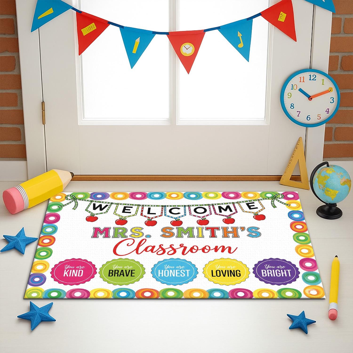Personalized Classroom Doormat - Welcome Mat with Teacher Name, Colorful School Decor, Motivational Rug for Back to School