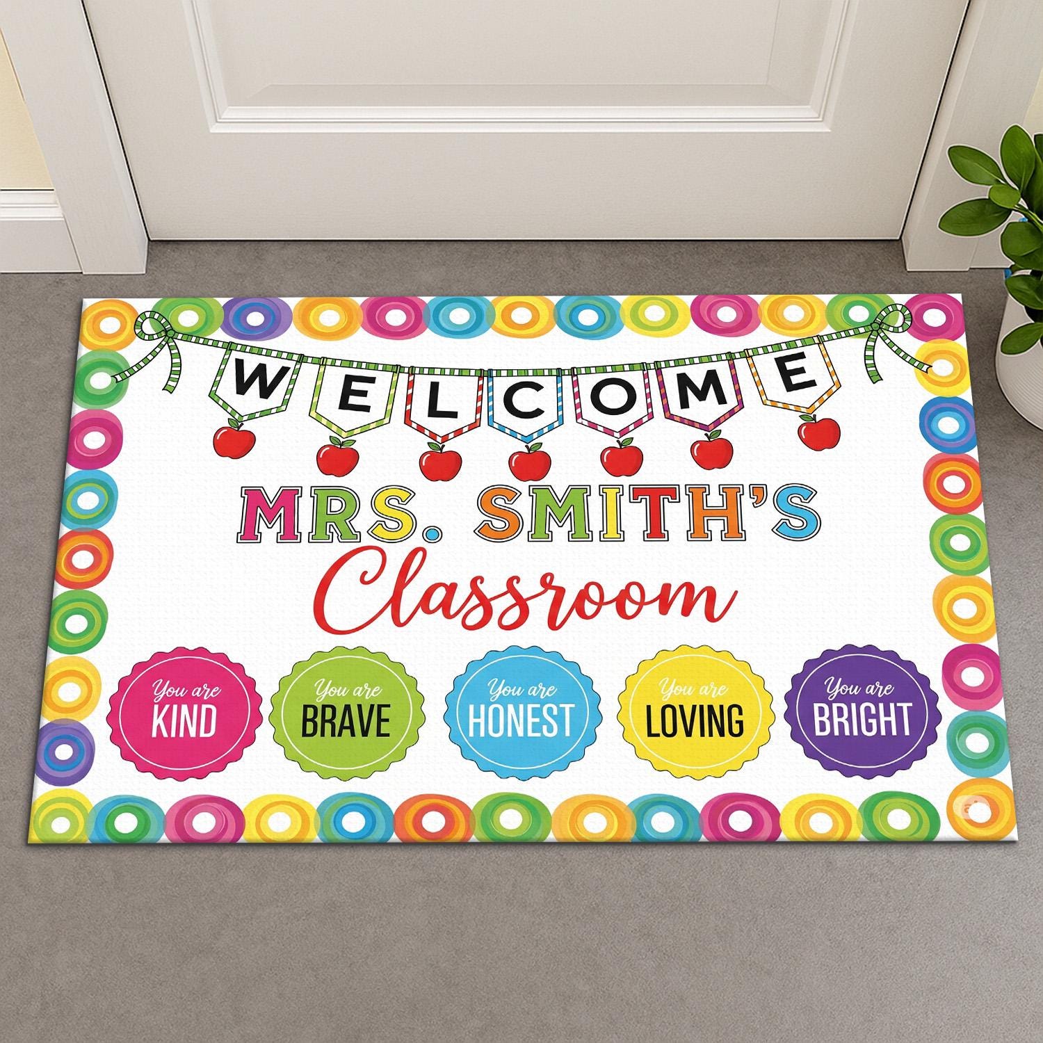 Personalized Classroom Doormat - Welcome Mat with Teacher Name, Colorful School Decor, Motivational Rug for Back to School