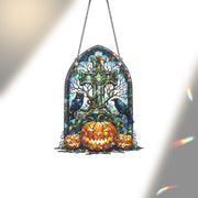 Halloween Stained Glass Cross Suncatcher, Gothic Pumpkin Window Decor, Spooky Owl Raven Art, Creepy Home Gift