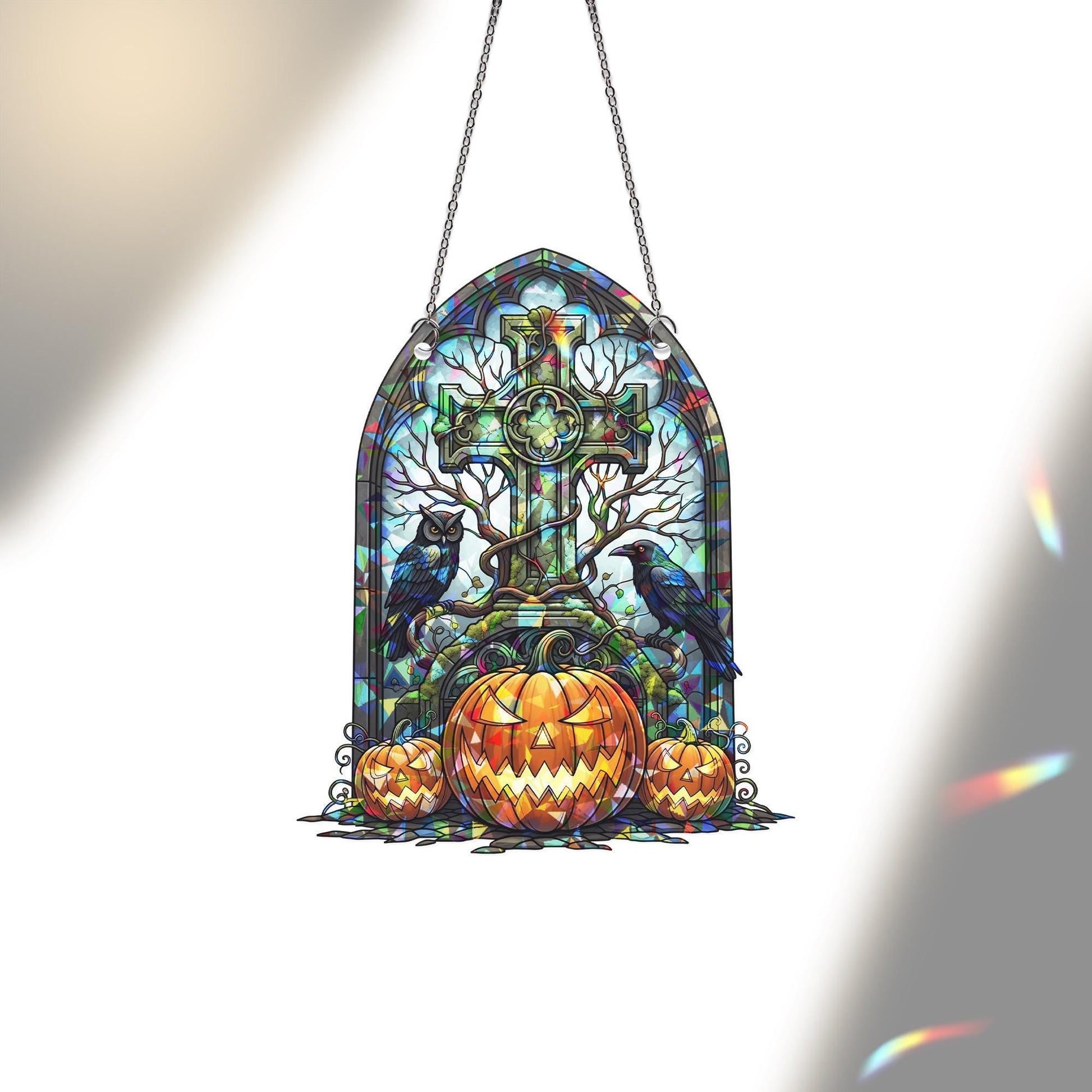 Halloween Stained Glass Cross Suncatcher, Gothic Pumpkin Window Decor, Spooky Owl Raven Art, Creepy Home Gift