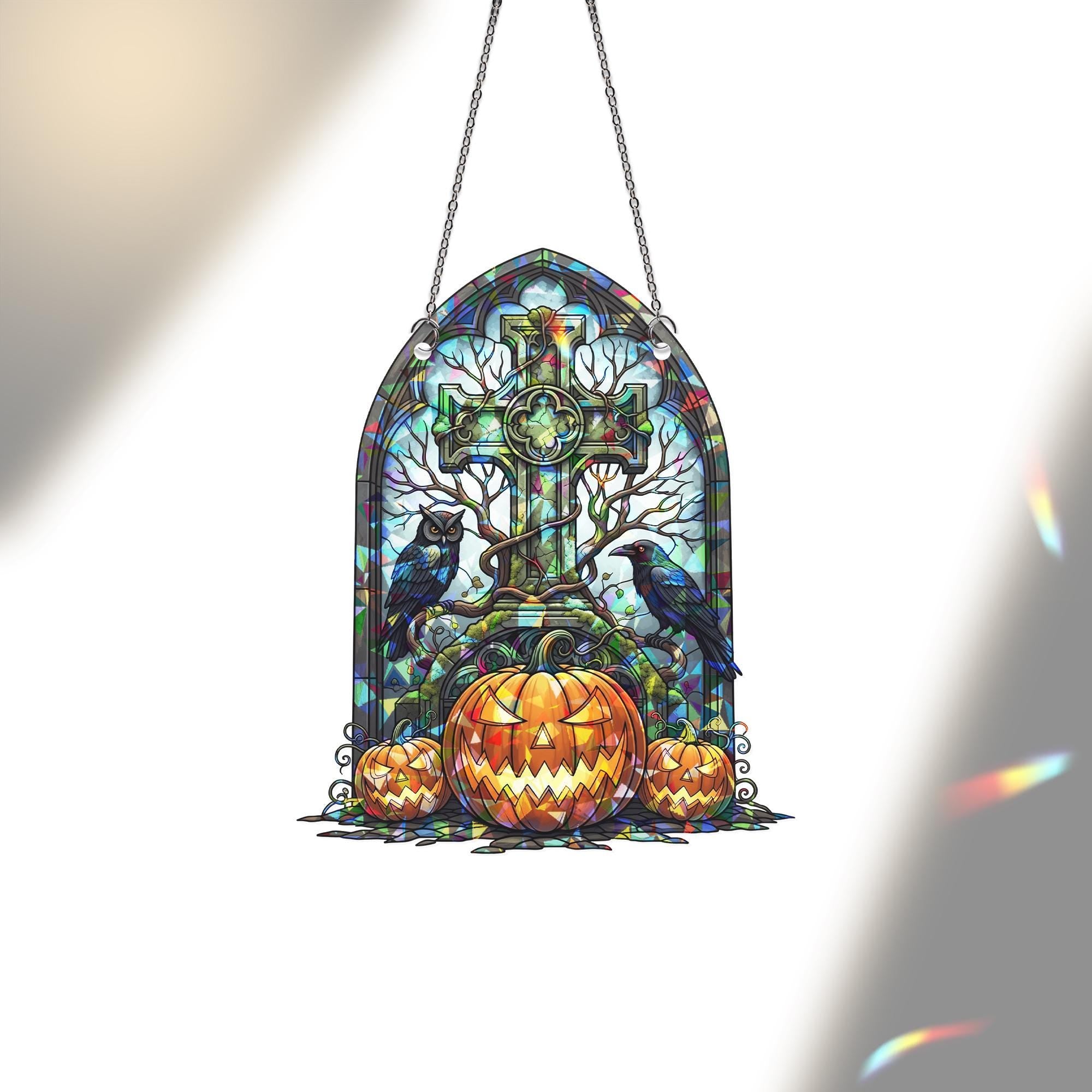 Halloween Stained Glass Cross Suncatcher, Gothic Pumpkin Window Decor, Spooky Owl Raven Art, Creepy Home Gift