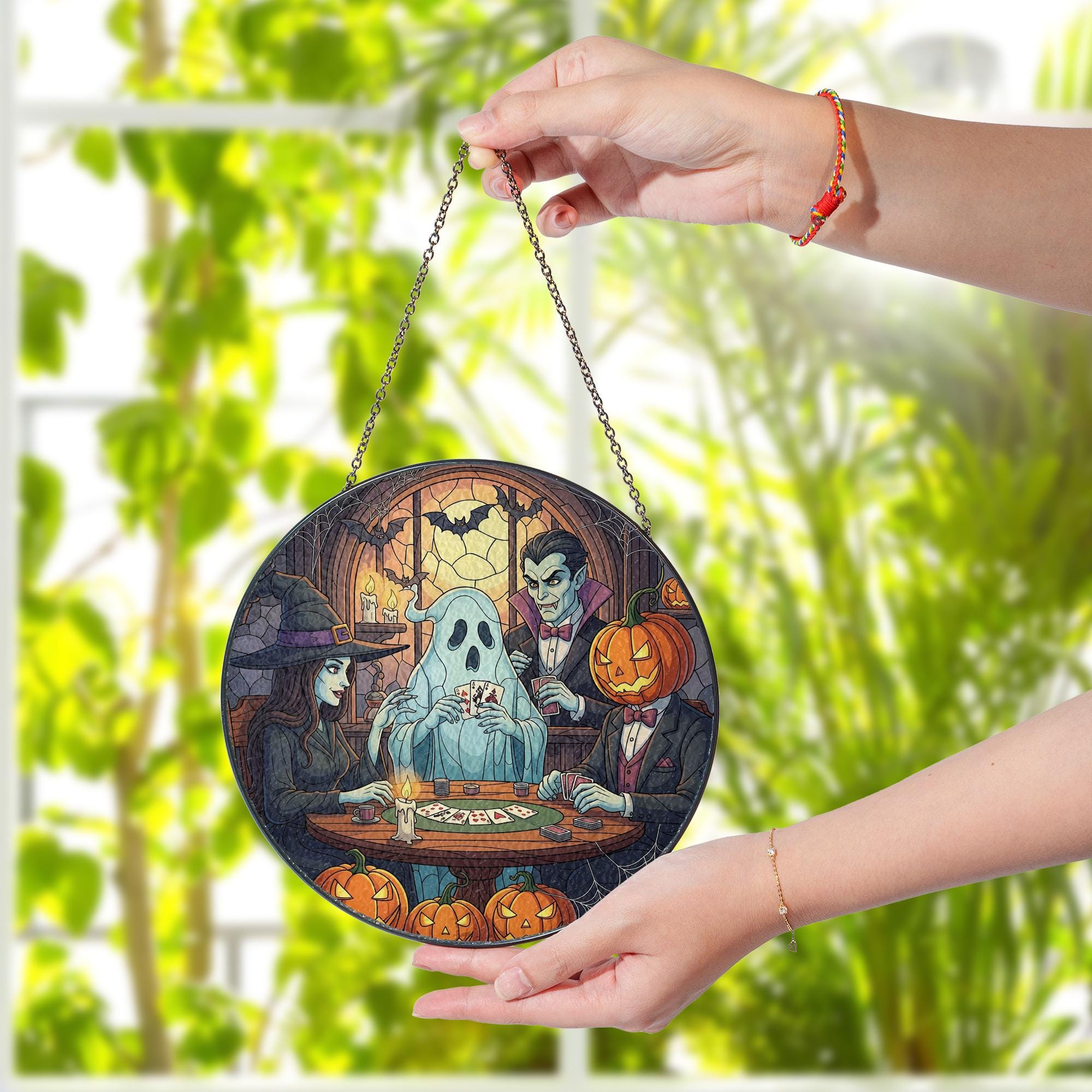 Halloween Monster Suncatcher - Stained Glass Ghost Witch Decor - Spooky Window Hanging - Gothic Fall Wall Art - Vampire Pumpkin Gift