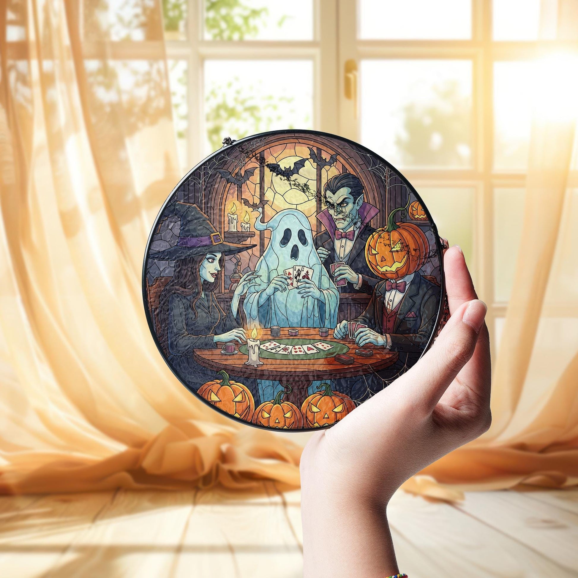 Halloween Monster Suncatcher - Stained Glass Ghost Witch Decor - Spooky Window Hanging - Gothic Fall Wall Art - Vampire Pumpkin Gift