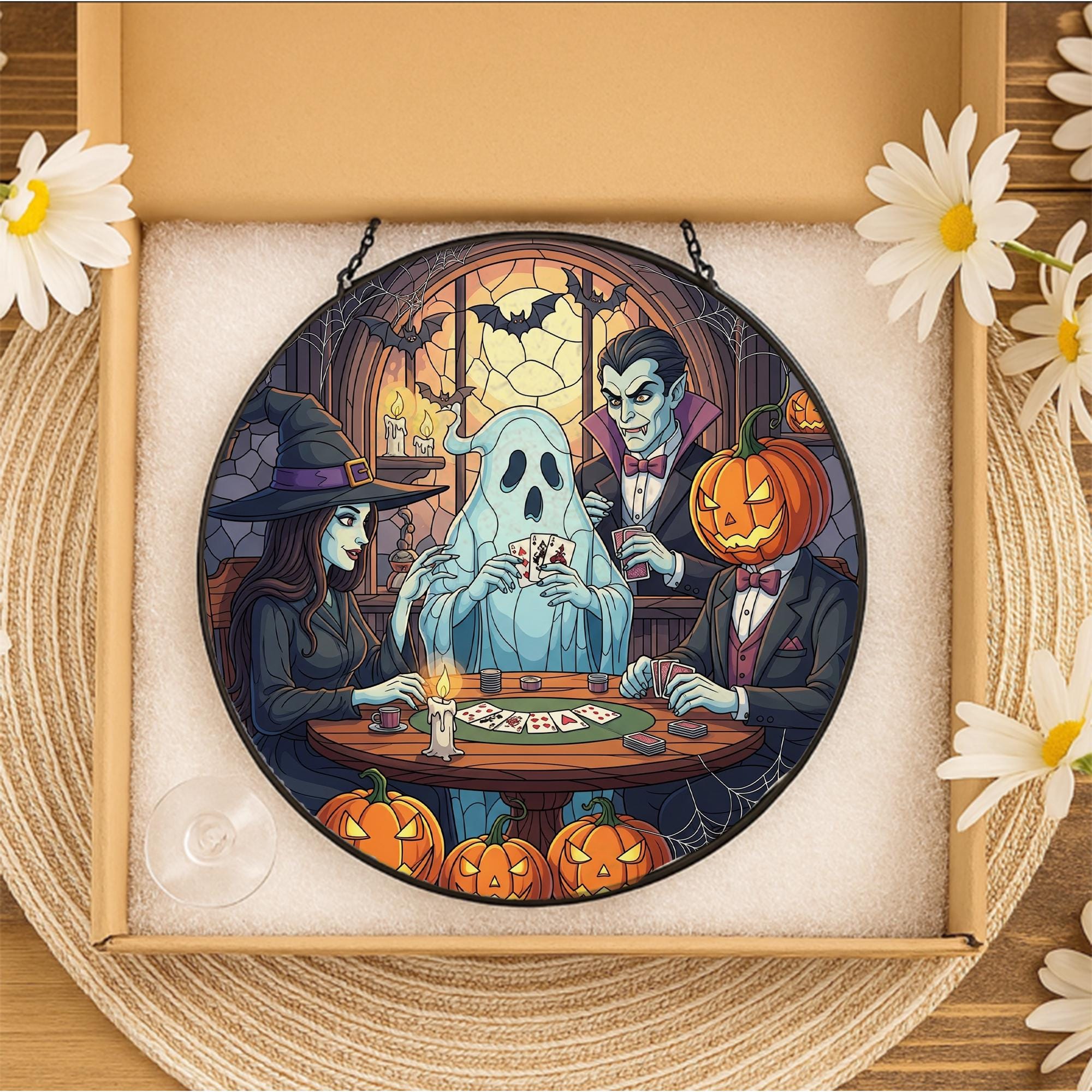 Halloween Monster Suncatcher - Stained Glass Ghost Witch Decor - Spooky Window Hanging - Gothic Fall Wall Art - Vampire Pumpkin Gift