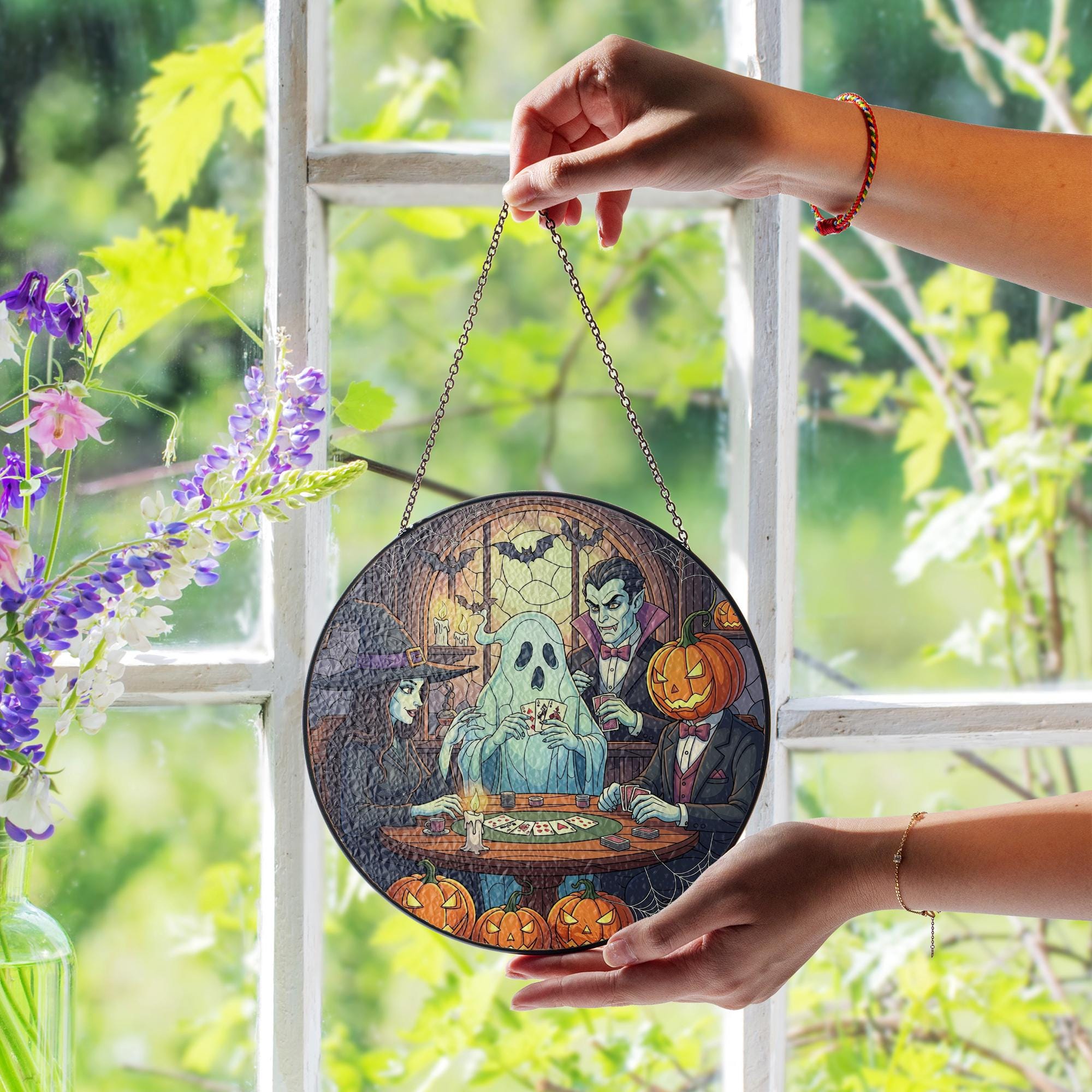 Halloween Monster Suncatcher - Stained Glass Ghost Witch Decor - Spooky Window Hanging - Gothic Fall Wall Art - Vampire Pumpkin Gift