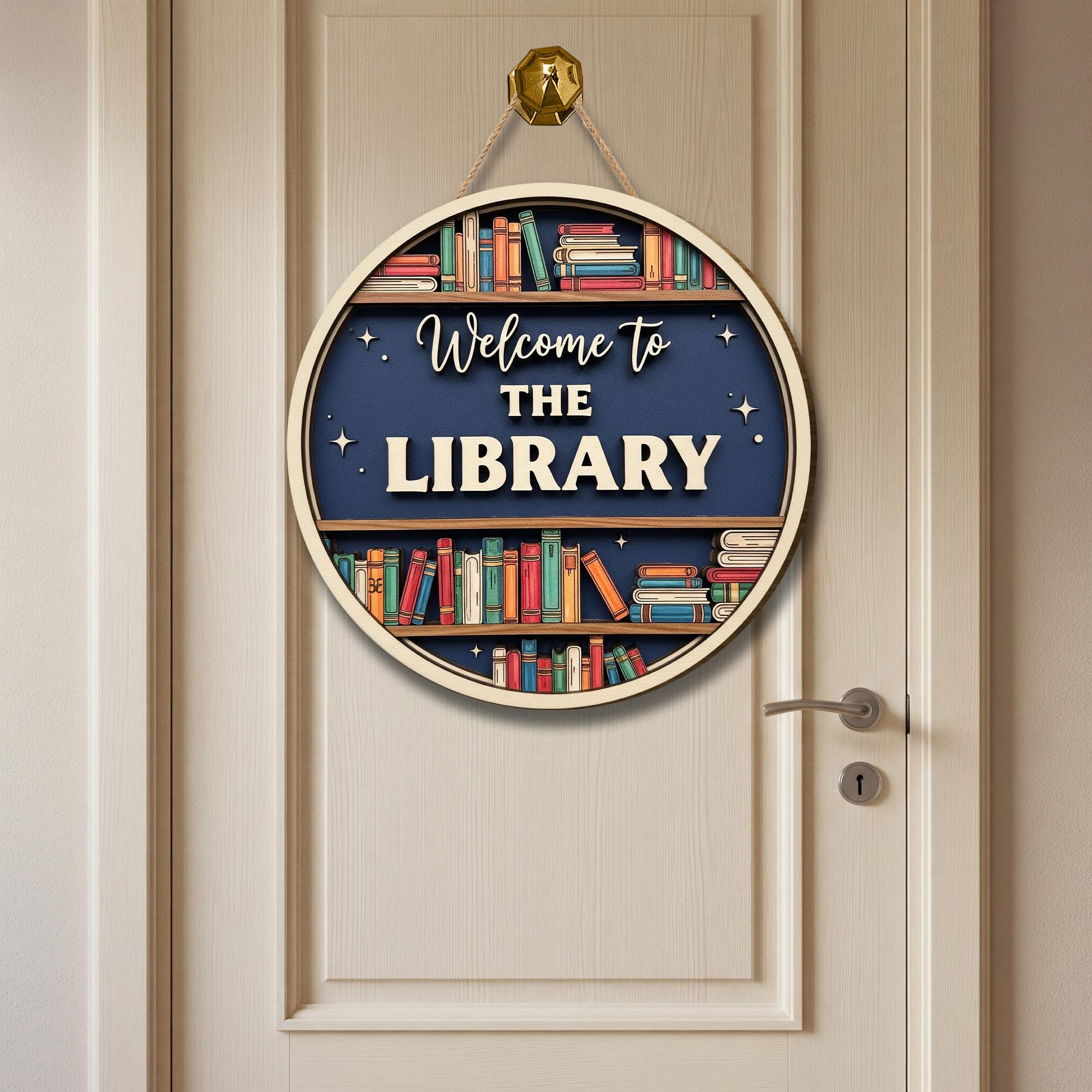 Welcome to the Library Sign – 2 Layer Wooden Door Decor with Bookshelf Design – School Library Wall Hanging – Reading Room Teacher Gift