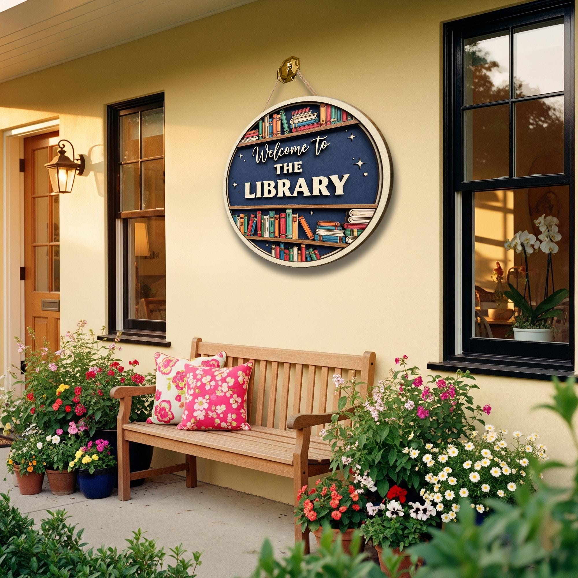 Welcome to the Library Sign – 2 Layer Wooden Door Decor with Bookshelf Design – School Library Wall Hanging – Reading Room Teacher Gift