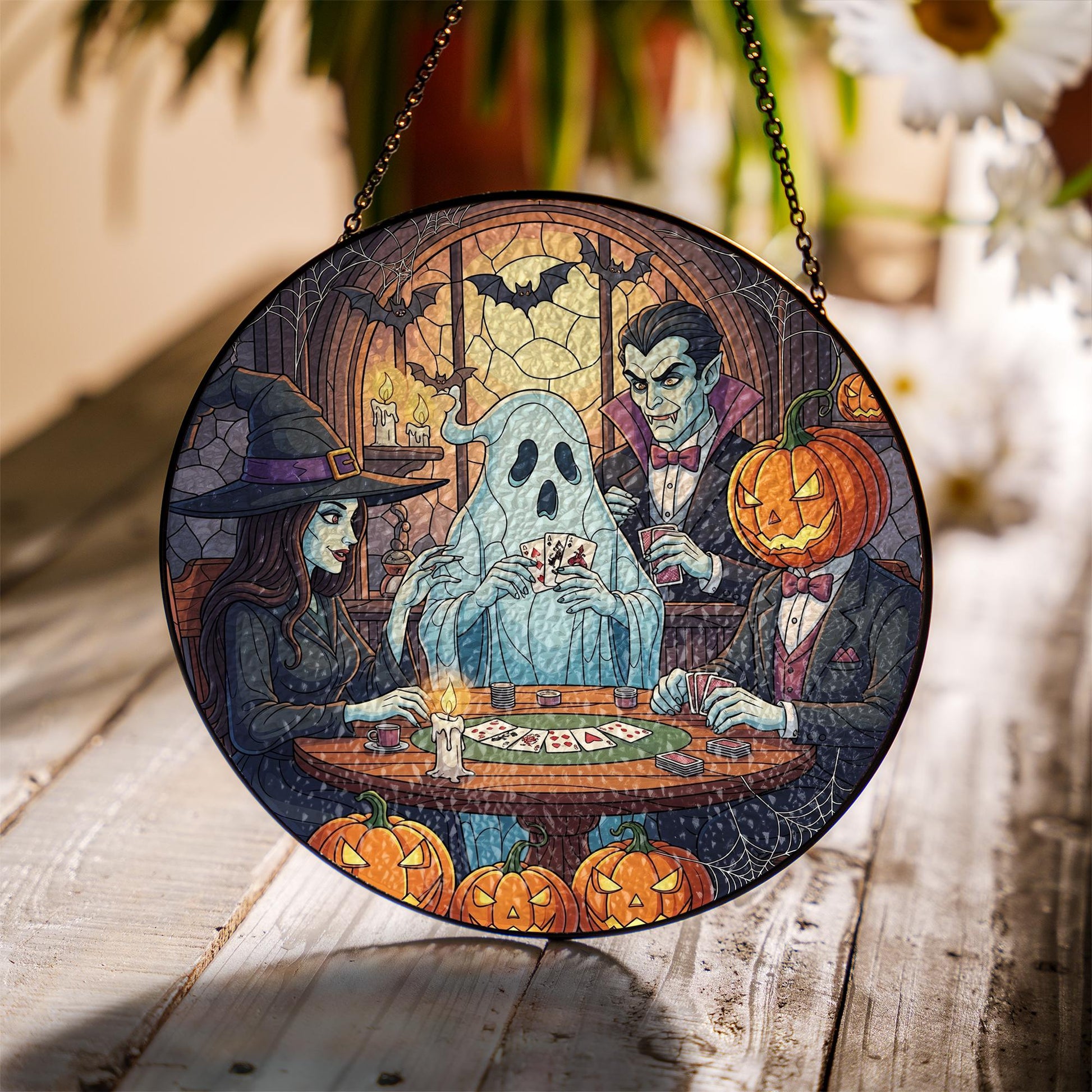 Halloween Monster Suncatcher - Stained Glass Ghost Witch Decor - Spooky Window Hanging - Gothic Fall Wall Art - Vampire Pumpkin Gift
