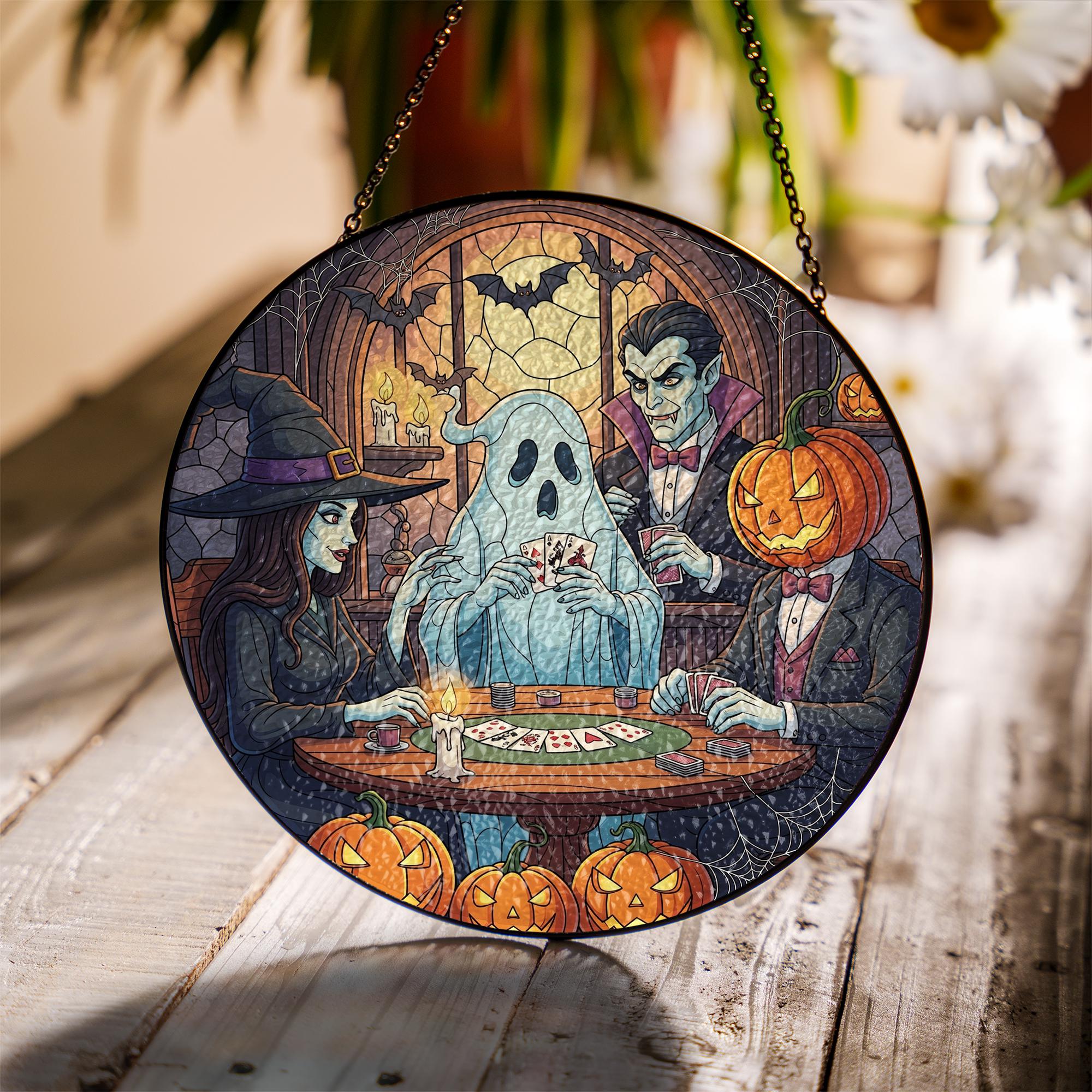 Halloween Monster Suncatcher - Stained Glass Ghost Witch Decor - Spooky Window Hanging - Gothic Fall Wall Art - Vampire Pumpkin Gift