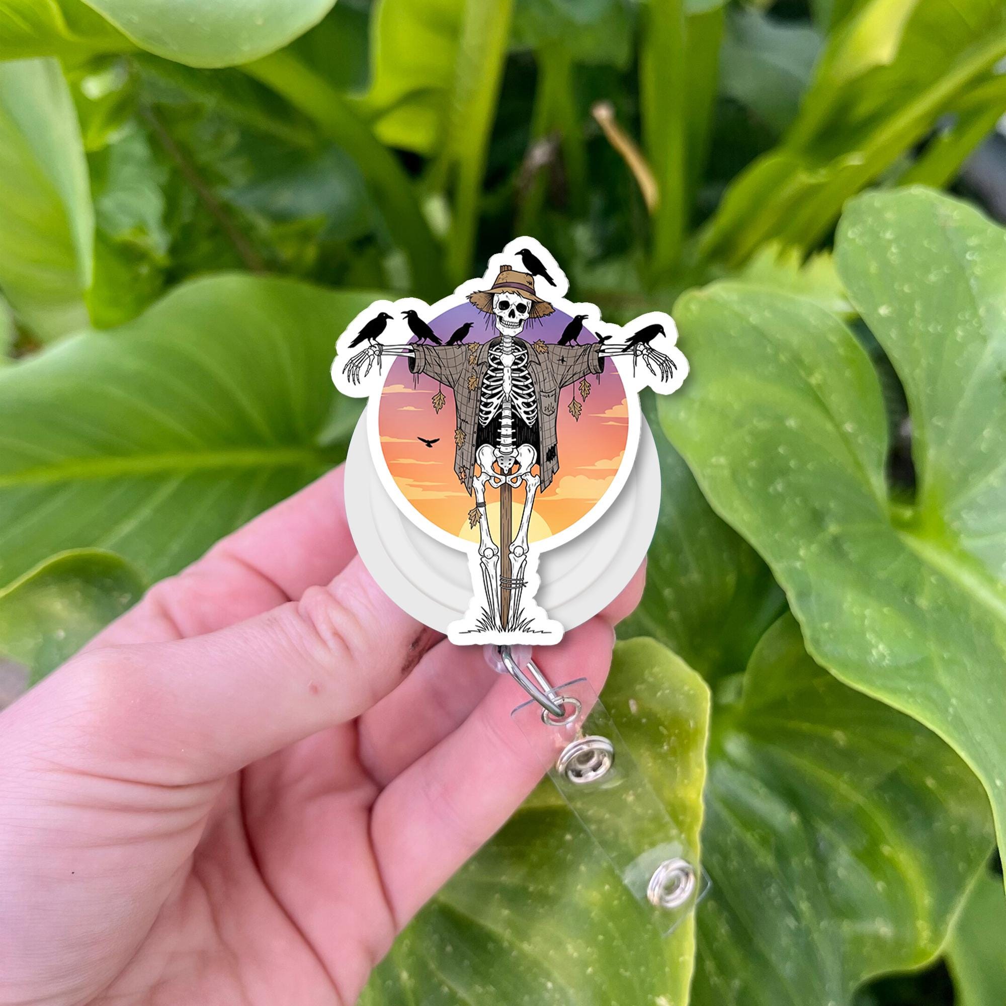 Skeleton Scarecrow Badge Reel - Halloween ID Holder - Spooky Nurse Badge Clip - Cute Fall Retractable Reel - Creepy Skeleton Gift