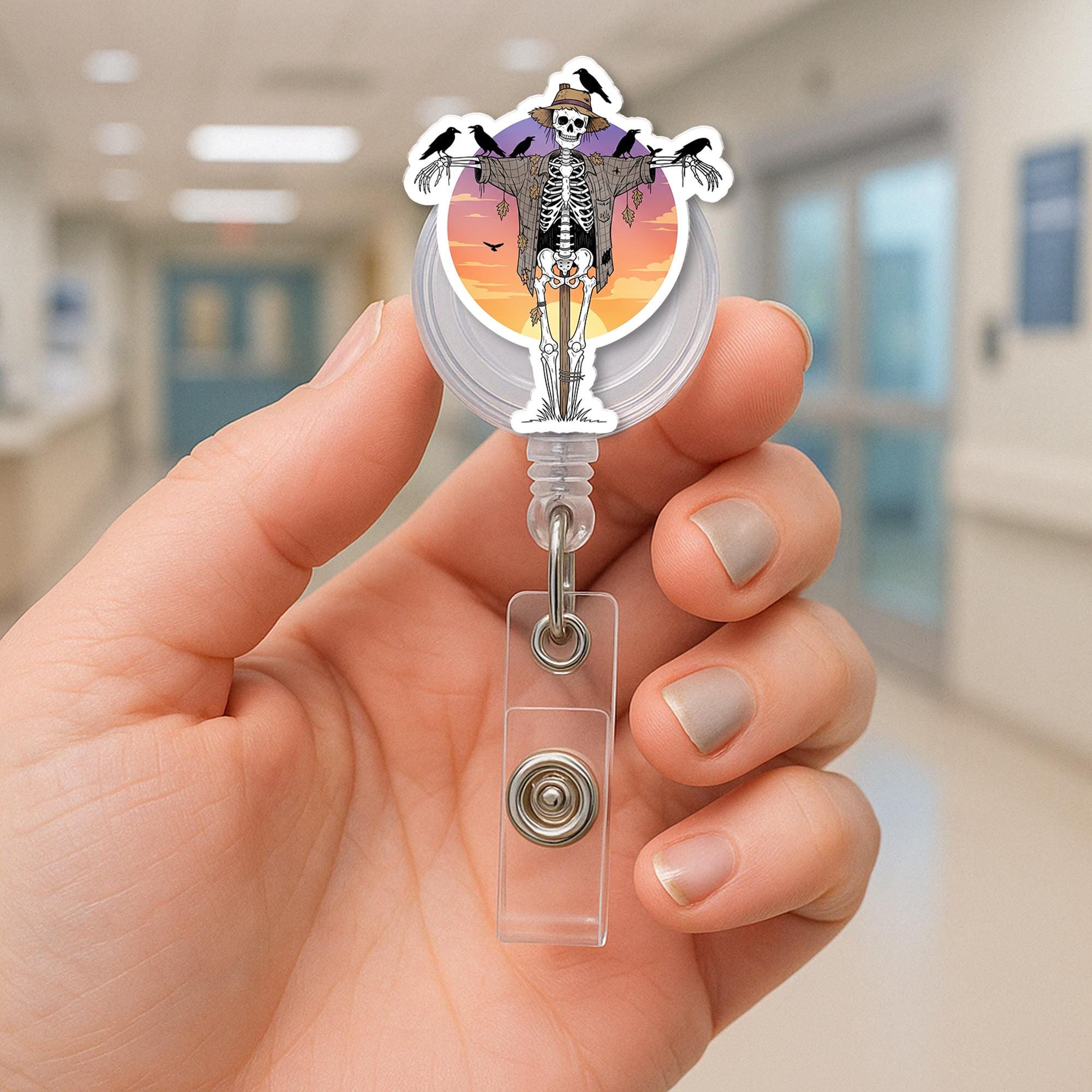 Skeleton Scarecrow Badge Reel - Halloween ID Holder - Spooky Nurse Badge Clip - Cute Fall Retractable Reel - Creepy Skeleton Gift