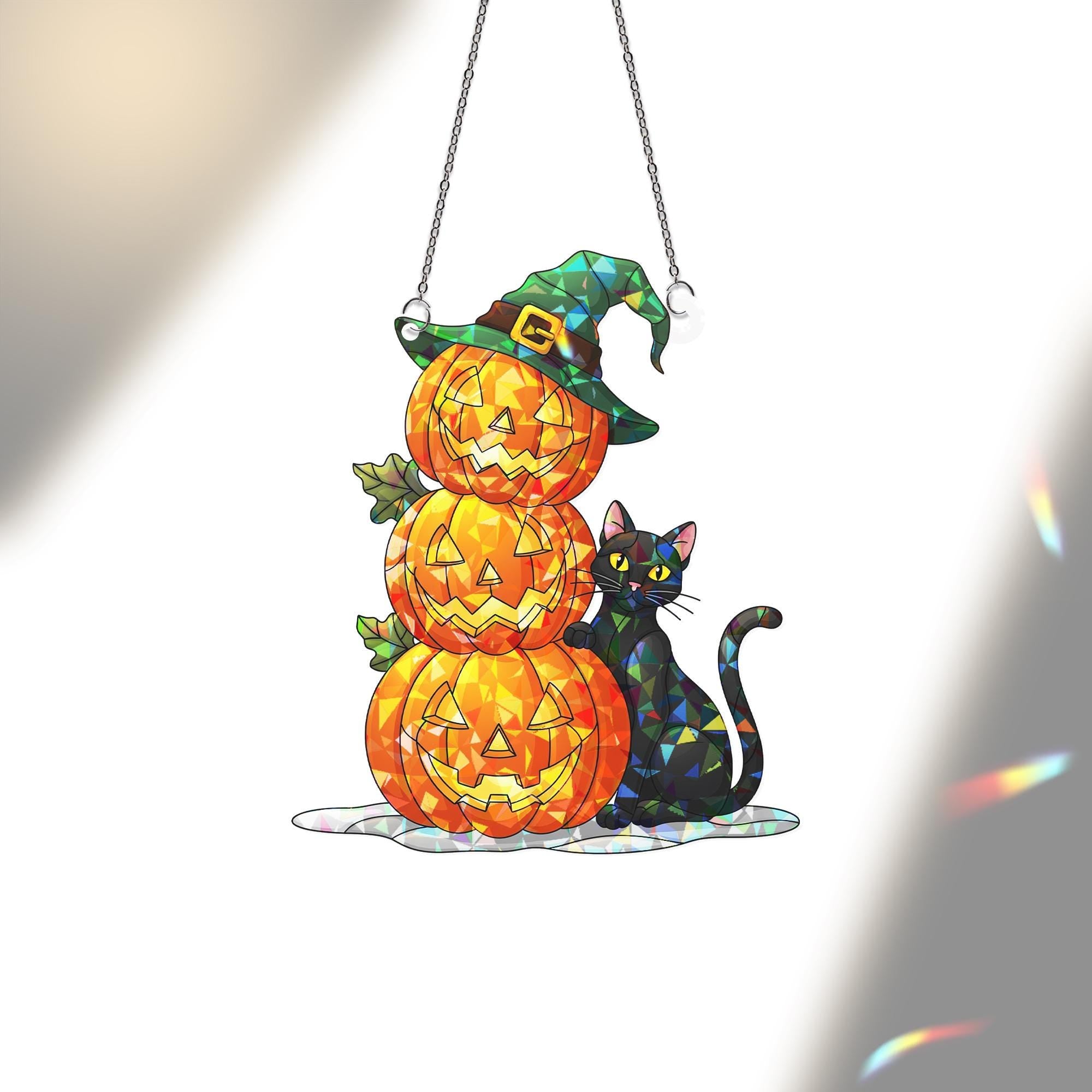 Halloween Stained Glass Pumpkin Stack Suncatcher, Witch Hat Black Cat Decor, Spooky Fall Window Art, Unique Gift