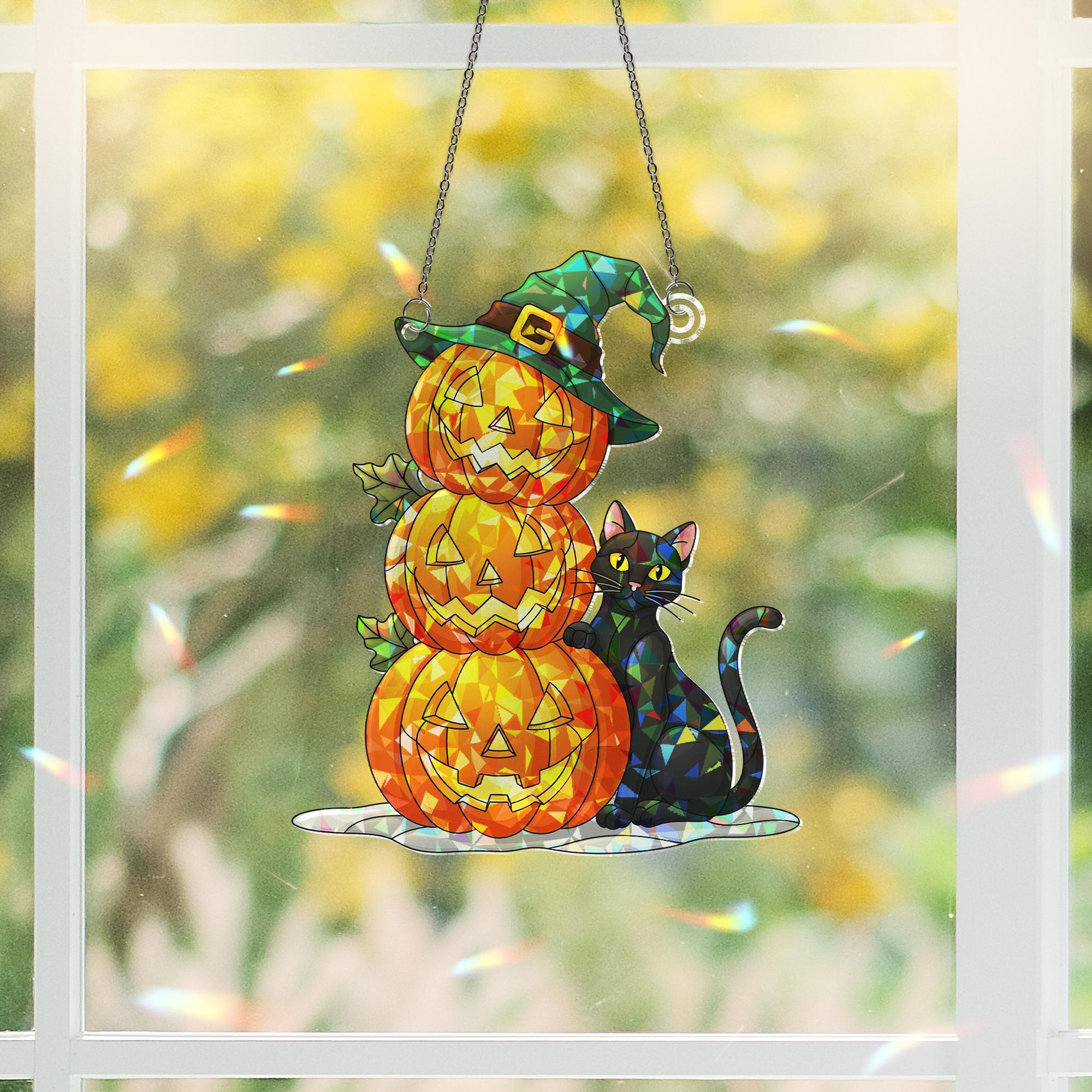 Halloween Stained Glass Pumpkin Stack Suncatcher, Witch Hat Black Cat Decor, Spooky Fall Window Art, Unique Gift