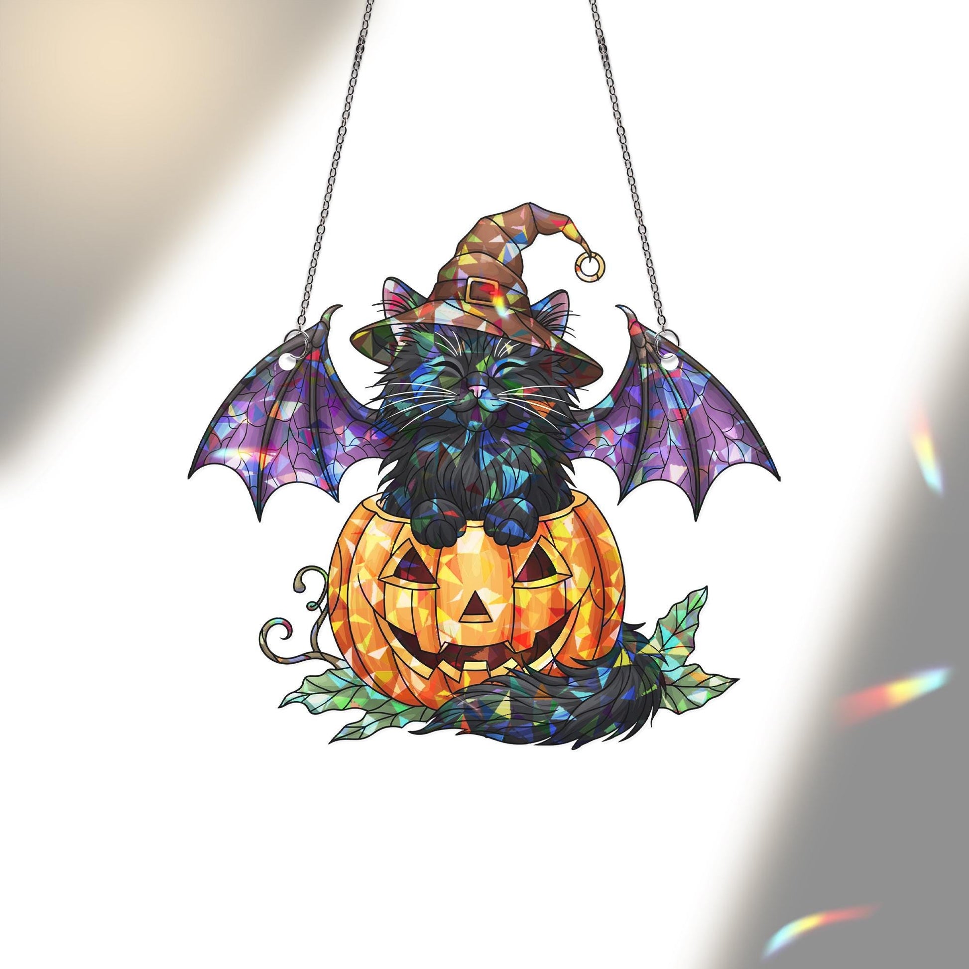 Halloween Stained Glass Bat Cat Suncatcher, Pumpkin Witch Hat Decor, Spooky Black Cat Window Art, Unique Gift