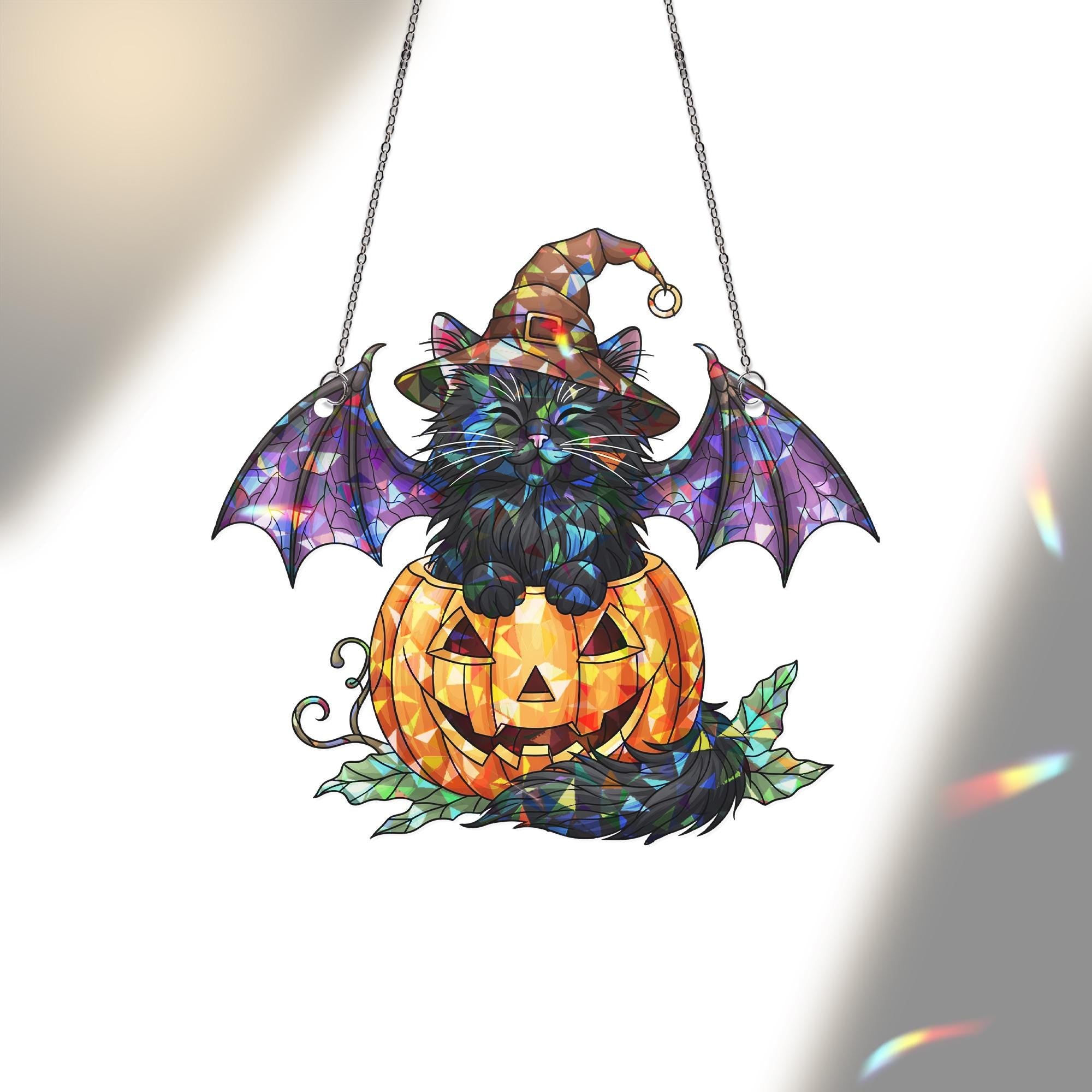 Halloween Stained Glass Bat Cat Suncatcher, Pumpkin Witch Hat Decor, Spooky Black Cat Window Art, Unique Gift