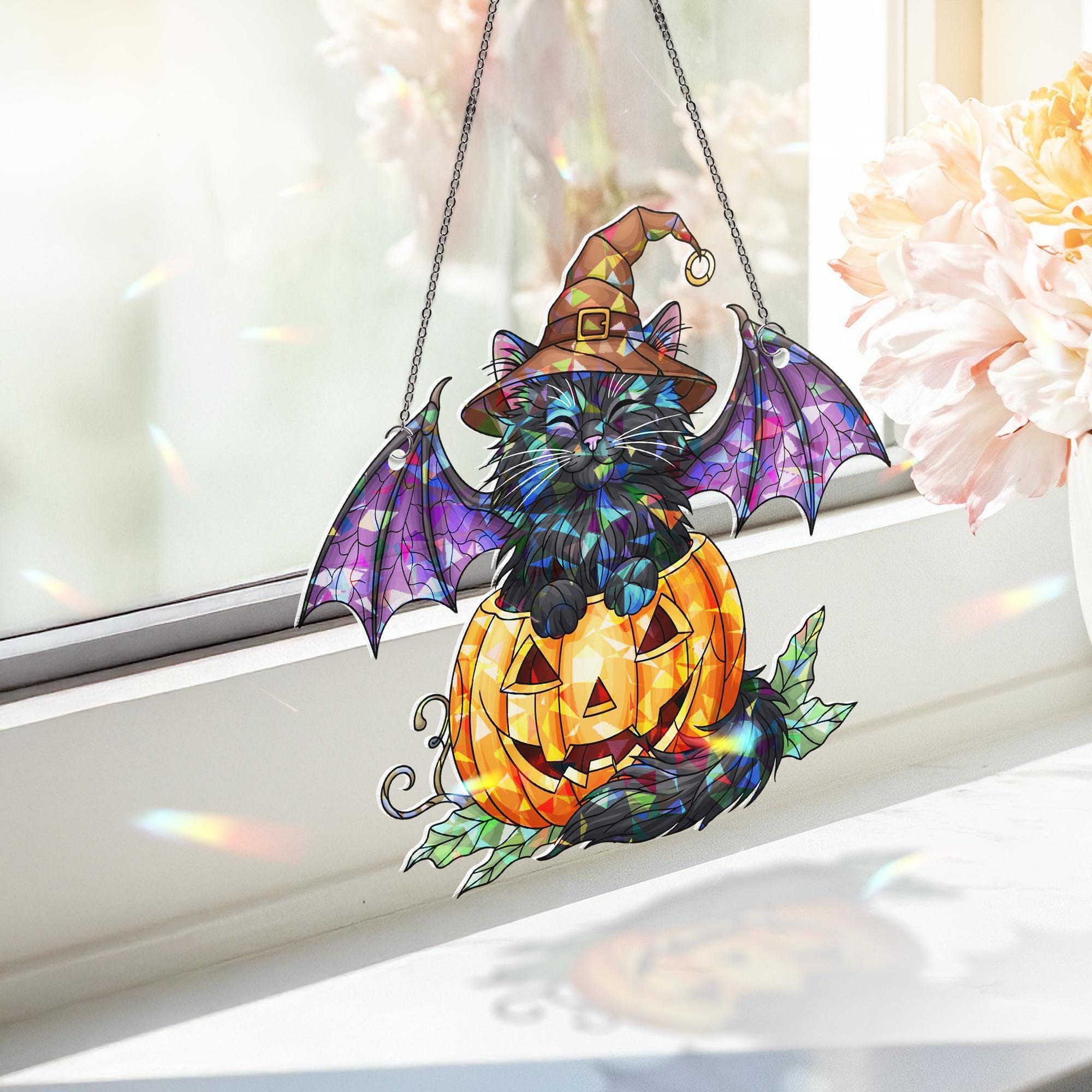 Halloween Stained Glass Bat Cat Suncatcher, Pumpkin Witch Hat Decor, Spooky Black Cat Window Art, Unique Gift