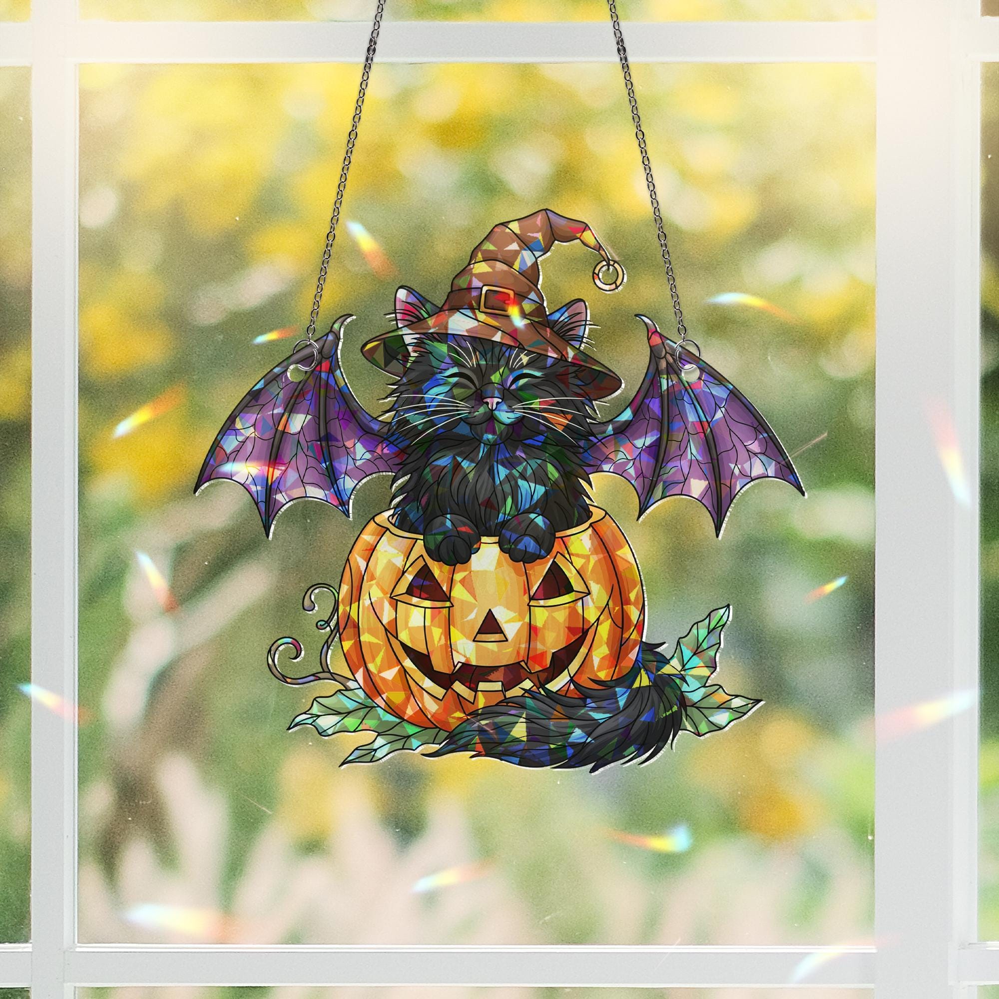 Halloween Stained Glass Bat Cat Suncatcher, Pumpkin Witch Hat Decor, Spooky Black Cat Window Art, Unique Gift